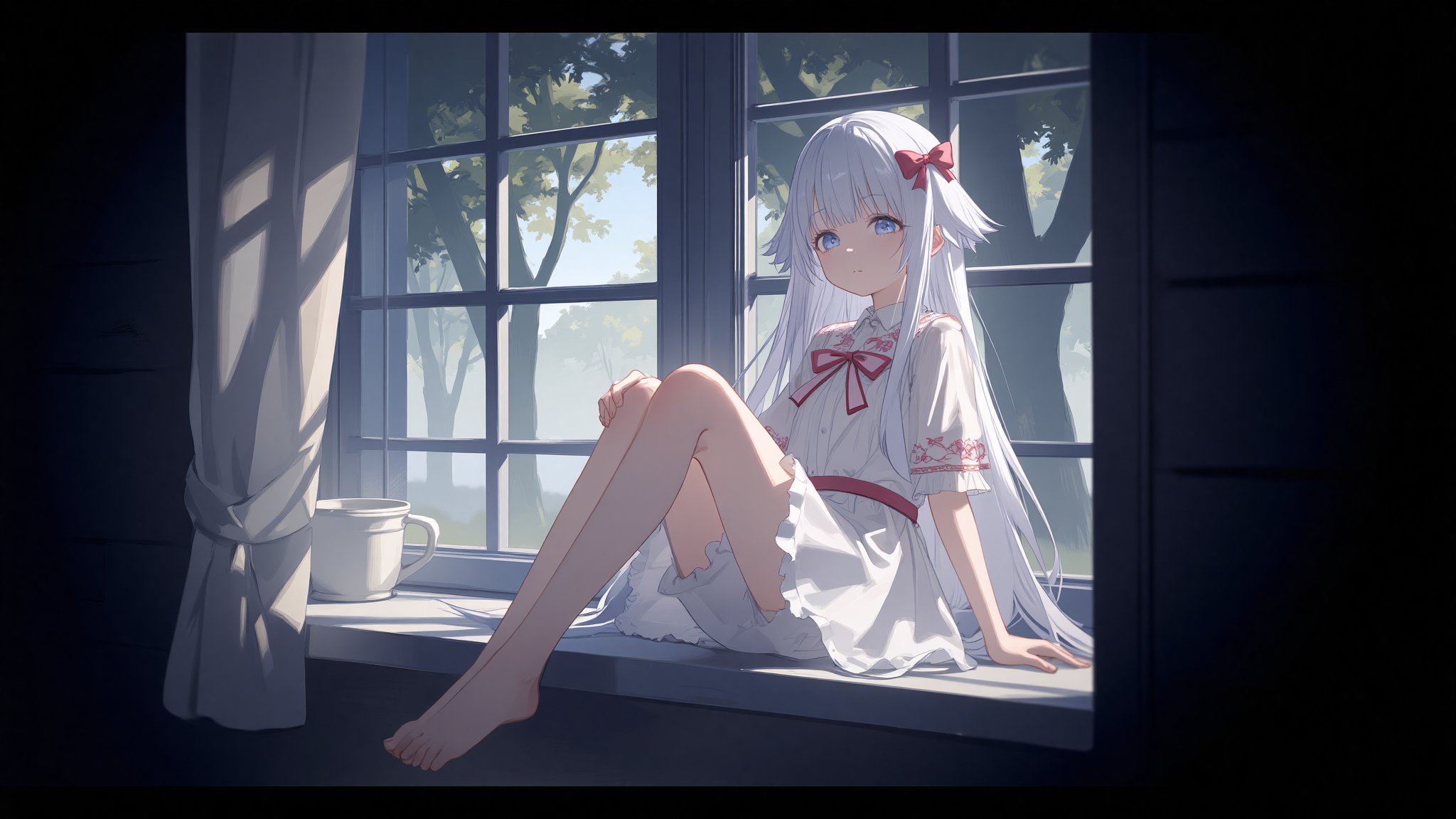 The image is an illustration of a young girl with white hair and blue eyes. She is sitting on a window sill with her legs crossed and her hands resting on her knees. The girl is wearing a white dress with a red ribbon tied around her waist. She has a red bow in her hair and is looking out the window with a peaceful expression on her face. The background is dark and there are trees visible through the window. The overall mood of the image is calm and serene.