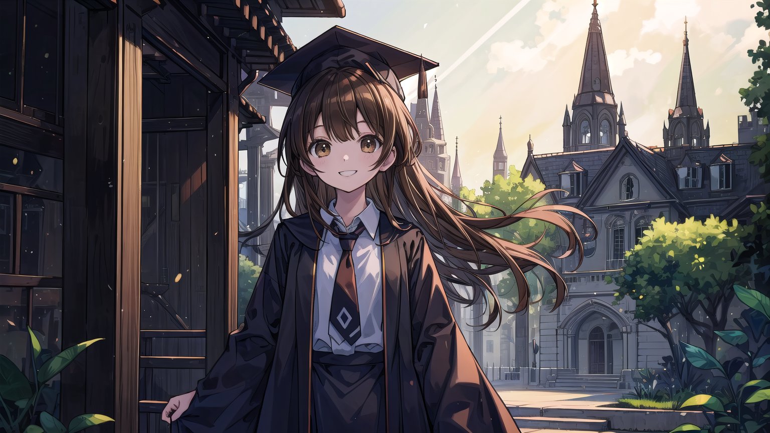 masterpiece, best quality, high quality, extremely detailed CG unity 8k wallpaper, extremely detailed, High Detail, vibrant colors, backlight, simple background,

(1girl, solo), long hair, looking at viewer, smile, brown hair, shirt, long sleeves, hat, brown eyes, white shirt, braid, necktie, collared shirt, wide sleeves, black headwear, grass, robe, black robe, cap, (graduation gown, academic gown), mortarboard,

a happy young woman in a graduation gown and cap, standing in front of a grey wall with round windows, outdoor setting, smiling, celebration,

campus features, university building, trees, academic environment, 