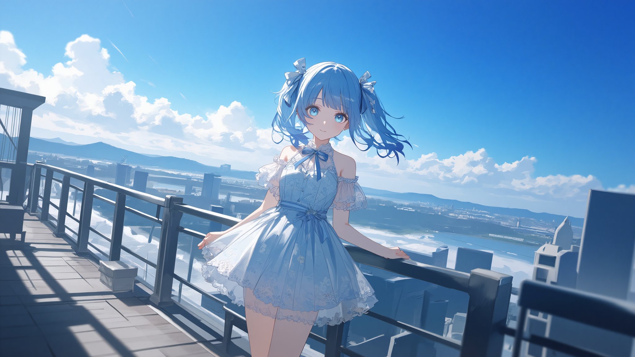 a young anime girl stands on a wooden deck in front of a metal railing. She is dressed in a light blue dress adorned with a detailed floral pattern, adorned with intricately tied blue ribbons and a perfectly placed white bow. Her hair is pulled back in a neat and flowing ponytail, with strands catching the light, adding a pop of color to the scene. Her eyes sparkle with life, and her expression is serene yet curious. The sky is a deep blue, dotted with fluffy white clouds, and a few buildings can be seen in the distance, their outlines sharp against the horizon. The sunlight casts gentle shadows, highlighting the texture of the wooden deck and the metal railing.