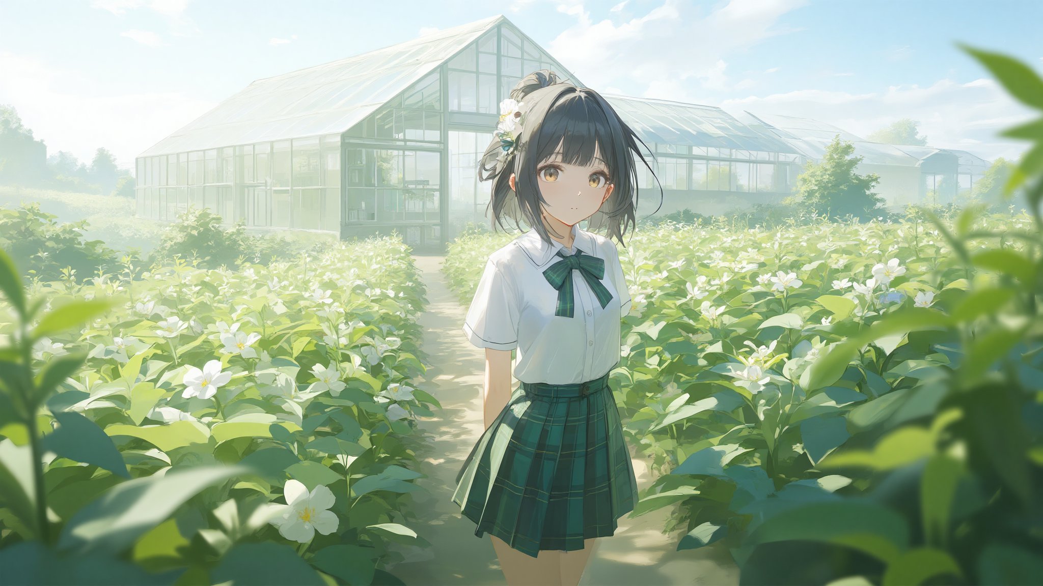 masterpiece, best quality, high quality, extremely detailed CG unity 8k wallpaper, extremely detailed, High Detail, vibrant colors, backlight, photo background, 

(1girl, solo), skirt, shirt, black hair, bow, school uniform, white shirt, ponytail, flower, short sleeves, pleated skirt, outdoors, bowtie, plaid, plaid skirt, field, flower field,

A girl in a white shirt and green plaid skirt standing in a field of green plants and white flowers, with a transparent greenhouse in the background, bright sunny day, fresh and natural atmosphere