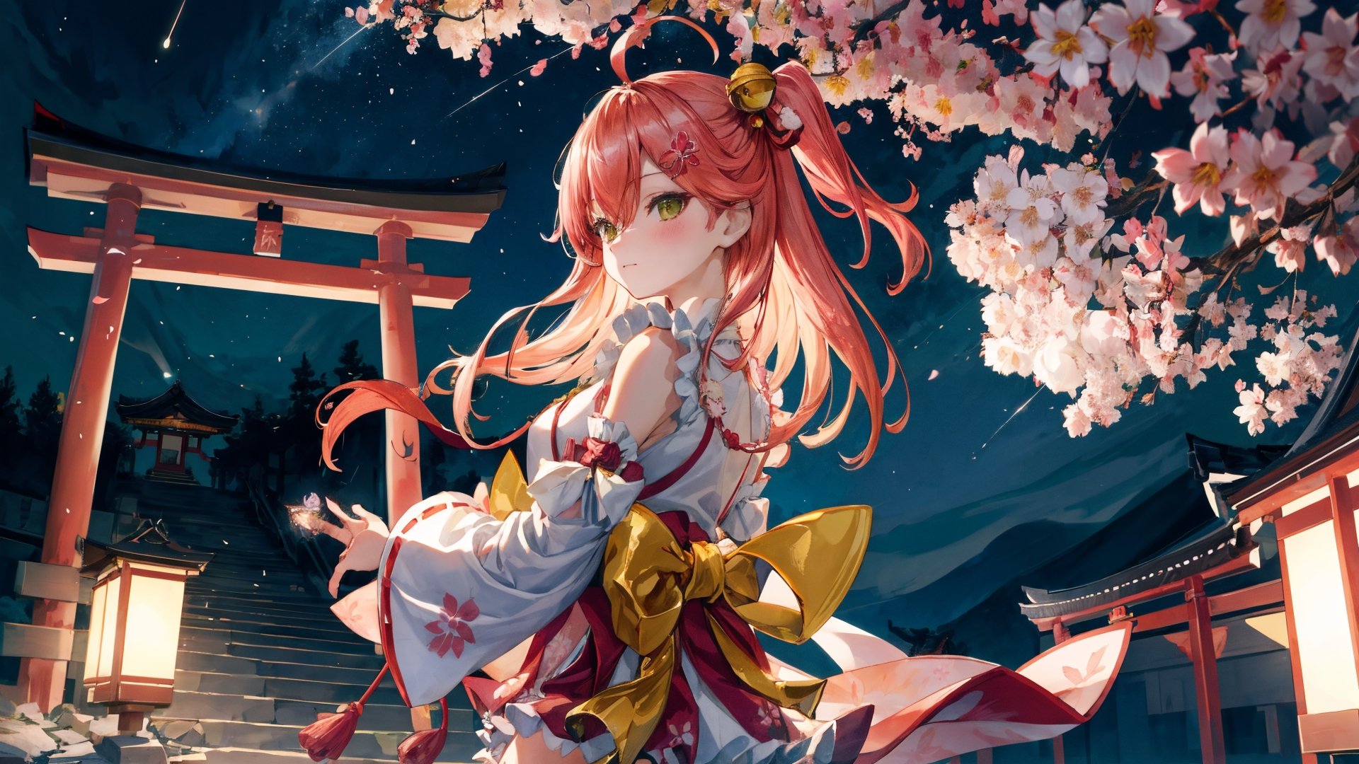 //Quality
(((best quality, 8k wallpaper))), ((detailed eyes, detailed illustration, masterpiece, ultra-detailed)),

//Charater
1girl, solo, Sakura Miko, SakuraMiko, 
MikoBase, long hair, ahoge, one side up, hair bell, cherry blossom print, nontraditional miko, frills, single thighhigh, bridal garter,

// Pose
upper body, (dynamic angle), 
looking at viewer, 

// Background
((detailed background)), midjourney, yofukashi background,perfect light, (cherry blossoms), extremely delicate and beautiful, ((background: shrine, night stars iridescent)), ((nightime, detailed stars)), Night view in the shrine, A girl prays in front of a shrine at night, behind her is a row of lanterns and a red torii gate,midjourney,More Detail