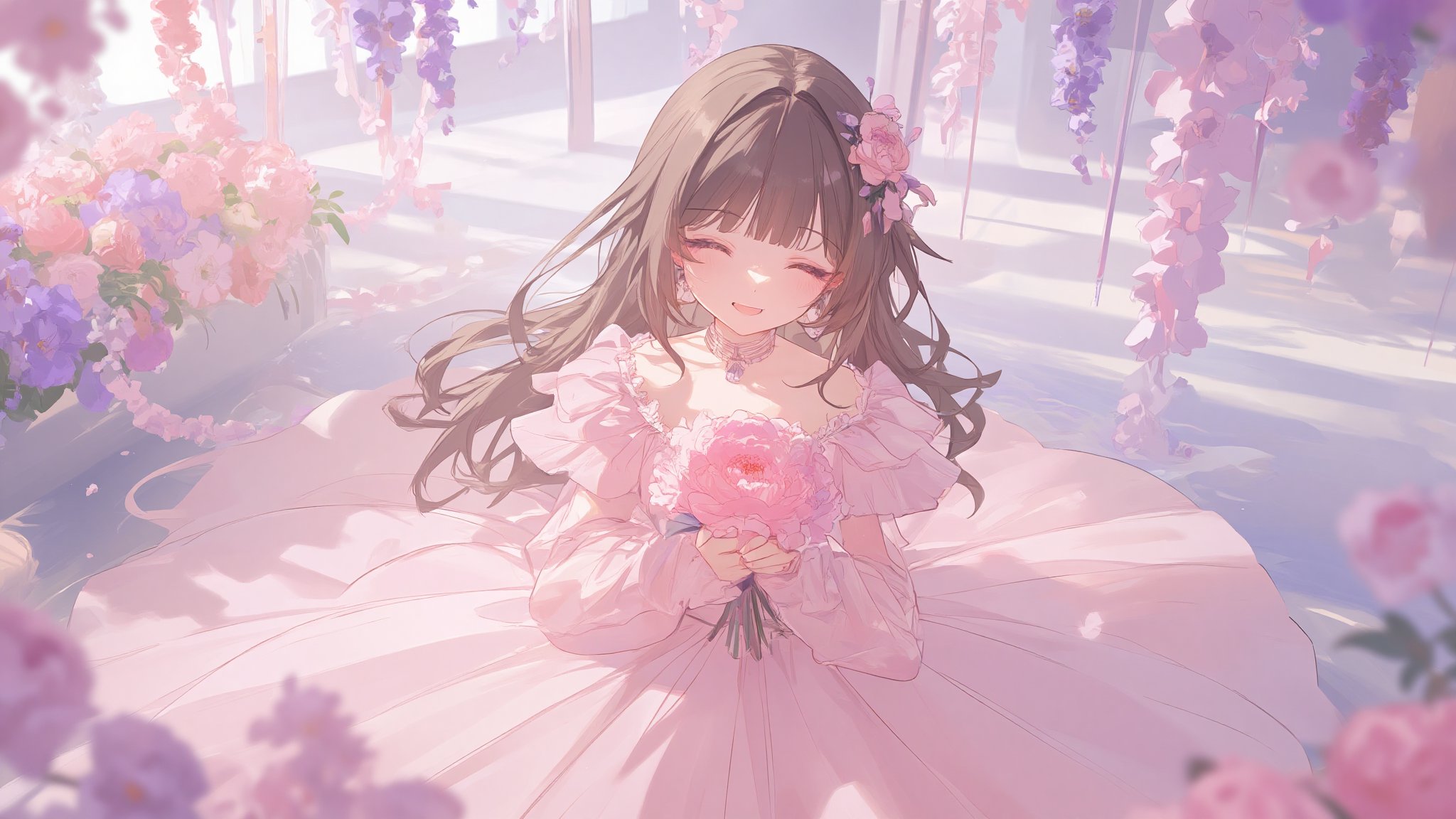 (1girl, solo), long hair, smile, brown hair, hair ornament, dress, jewelry, closed eyes, flower, earrings, lips, wavy hair, bouquet,

A dreamy, ethereal scene with pastel pink and purple floral decorations in the background, A person in a flowing pink gown holding a large pink flower, surrounded by a soft and romantic atmosphere