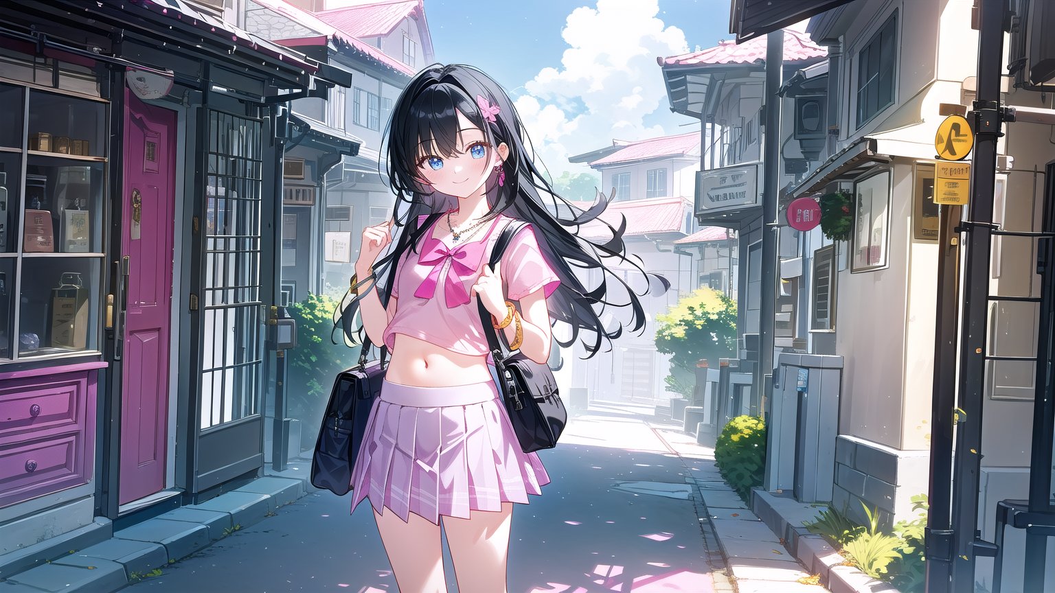 masterpiece, best quality, high quality, extremely detailed CG unity 8k wallpaper, extremely detailed, High Detail, vibrant colors, backlight, photo background, 

(1girl, solo), long hair, looking at viewer, smile, skirt, shirt, black hair, navel, jewelry, standing, short sleeves, pleated skirt, midriff, bag, bracelet, grey skirt, pink shirt, shoulder bag,

girl, pink short sleeve top, grey pleated skirt, yellow small bag, standing, blue shutter door, white text, posing with hands above head, casual outfit,