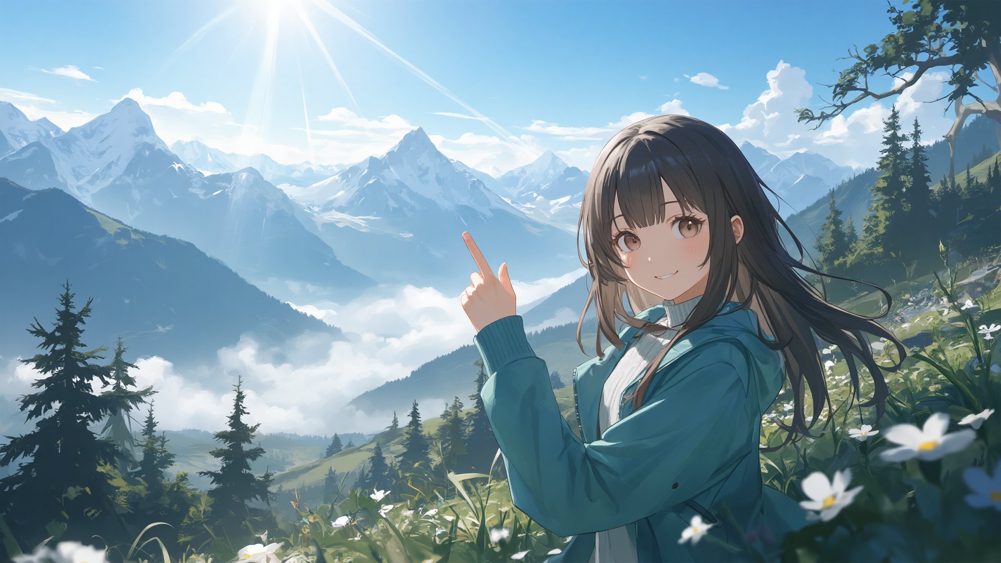 masterpiece, best quality, high quality, extremely detailed, High Detail, vibrant colors, illustration, backlight, colorful, (1girl, solo), long hair, smile, brown hair, black hair, long sleeves, upper body, outdoors, sky, day, sweater, tree, blue sky, sleeves past wrists, mountain, teal jacket, scenic mountain landscape, clear blue skies, sunlight, green vegetation, majestic mountains, gentle breeze, wildflowers, warm glow, peaceful atmosphere