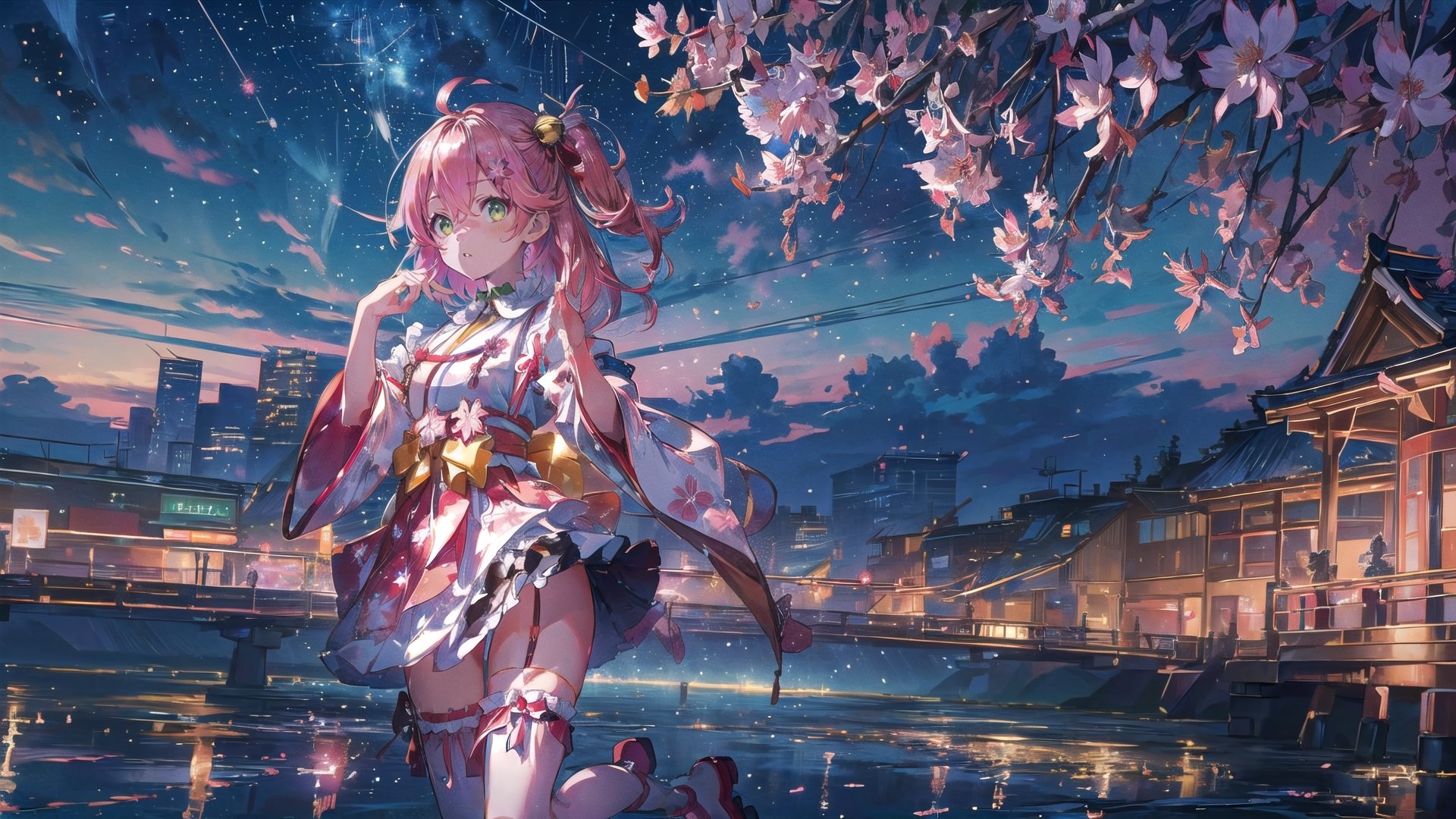 //Quality
(((best quality, 8k wallpaper))), ((detailed eyes, detailed illustration, masterpiece, ultra-detailed)),

//Body
(detailed face, (detailed eyes), detailed skin, detailed hair, detailed fabric),
(beautiful detailed eyes, pretty eyelashes, (shiny eyes), (glossy eyes), reflective eyes, sparkly eyes, sparkles in eyes),

// Charater
1girl, solo, Sakura Miko, SakuraMiko, 
(MikoBase, long hair, ahoge, one side up, hair bell, cherry blossom print, nontraditional miko, frills, single thighhigh, bridal garter,),

// Pose
upper body, looking at viewer, 
dynamic angle, (long shot),

// Background
((detailed background)), reflection, refraction:1.4, ((background: retro city,)), (nightime, detailed stars), Night view in the city, city, fireworks, colorful fireworks, skyscrapers, Detailedface, perfect light, portrait, illustration,perfect light