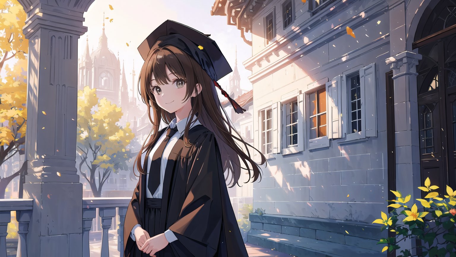 masterpiece, best quality, high quality, extremely detailed CG unity 8k wallpaper, extremely detailed, High Detail, vibrant colors, backlight, simple background,

(1girl, solo), long hair, looking at viewer, smile, brown hair, shirt, long sleeves, hat, brown eyes, white shirt, braid, necktie, collared shirt, wide sleeves, black headwear, grass, robe, black robe, cap, (graduation gown, academic gown), mortarboard,

a happy young woman in a graduation gown and cap, standing in front of a grey wall with round windows, outdoor setting, smiling, celebration,

campus features, university building, trees, academic environment, 