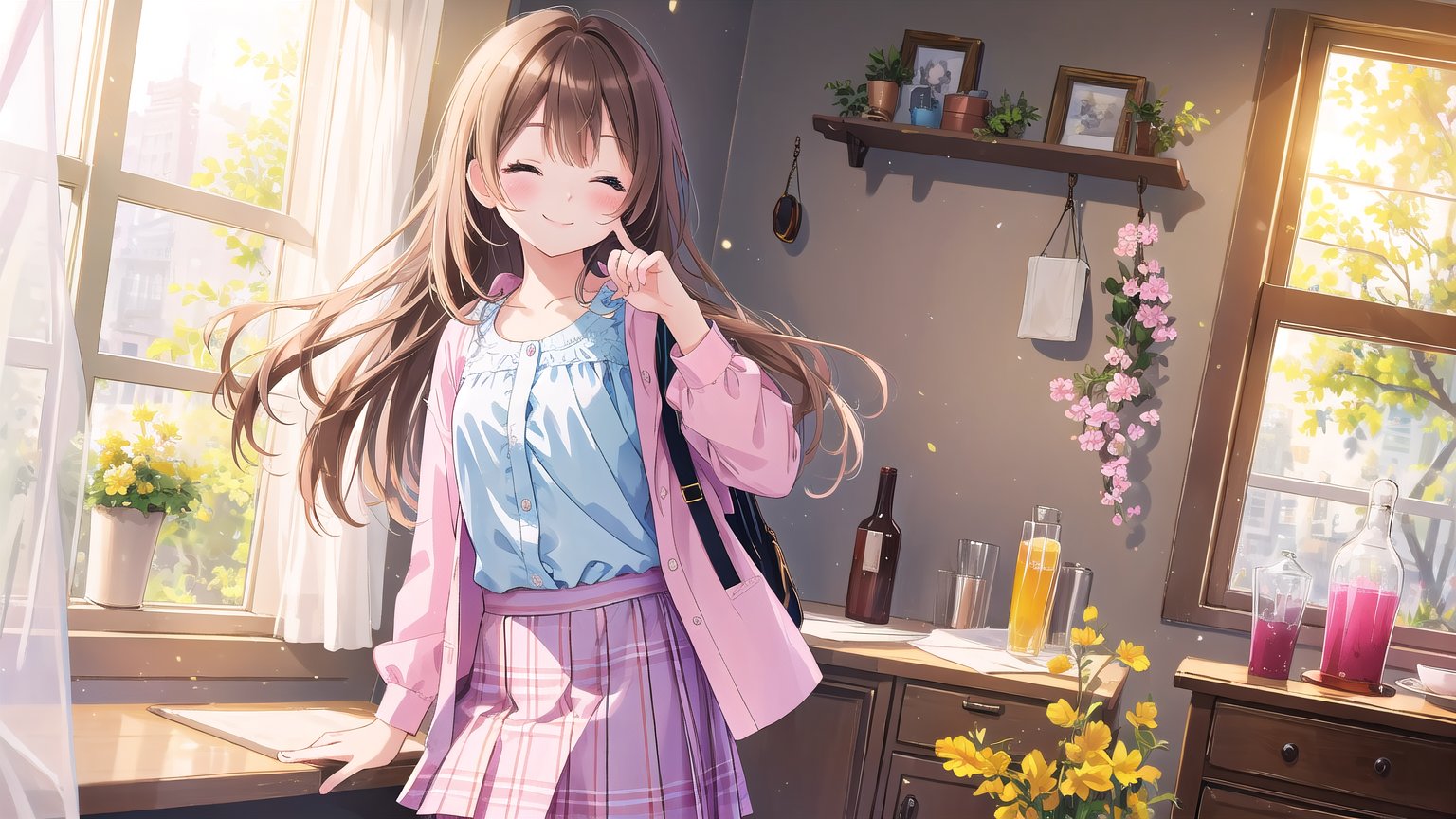 masterpiece, best quality, high quality, extremely detailed CG unity 8k wallpaper, extremely detailed, High Detail, vibrant colors, backlight, simple background, ethereal, dreamy atmosphere, soft lighting, gentle hues,

(1girl, solo), long hair, brown hair, one eye closed, pink plaid shirt, plaid skirt,

a young girl standing by a window, wearing a pink plaid shirt, smiling cutely with one eye winking, hands on her cheeks, playful pose, casual outfit, natural lighting, soft glow, whimsical setting,