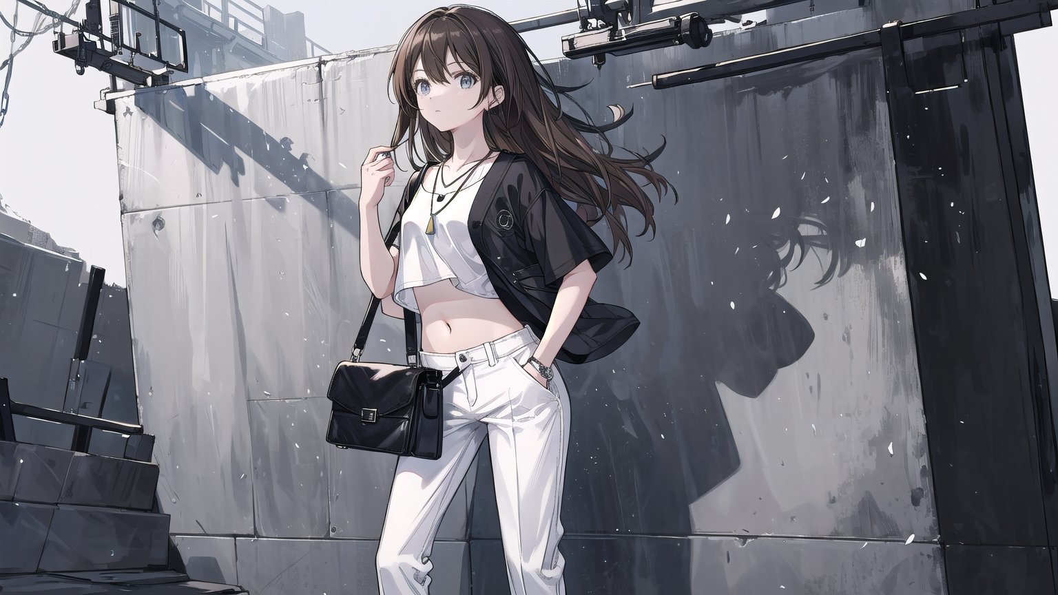 masterpiece, best quality, high quality, extremely detailed CG unity 8k wallpaper, extremely detailed, High Detail, vibrant, colors, backlight, simpler background, white background, grayscale background, elegant, chic, stylish, fashionable,

(1girl, solo), long hair, looking at viewer, brown hair, shirt, holding, jewelry, standing, upper body, flower, short sleeves, shoes, midriff, pants, necklace, bag, crop top, hand on hip, black shirt, white footwear, sneakers, watch, handbag, white pants, tiles, wristwatch, holding bag,

A young fashionable woman standing in front of a wall decorated with white floral reliefs, wearing a black crop top, white loose pants, gray sneakers, and holding a black handbag, minimalist and modern style, stylish accessories, 