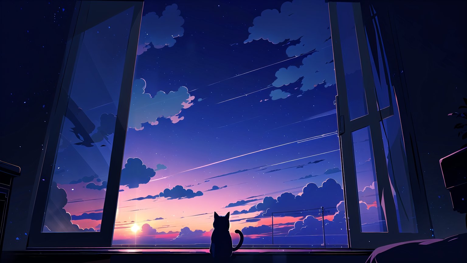 masterpiece, best quality, high quality, backlight, (midjourney), midjourney style, anime style, wallpaper, blue tone, blue background, 

(cat, a black cat, cute, (silhouette)), sitting, sky, cloud, indoors, (no humans:1.5), window, cloudy sky, curtains, scenery, blue sky, open window, windowsill,

A black cat sitting by the window, looking out at a sky transitioning from bright daytime with fluffy white clouds, through a twilight sky with pink and purple hues, to a night sky full of stars and dark clouds, curtains gently framing the view, soft light transitioning from day to night