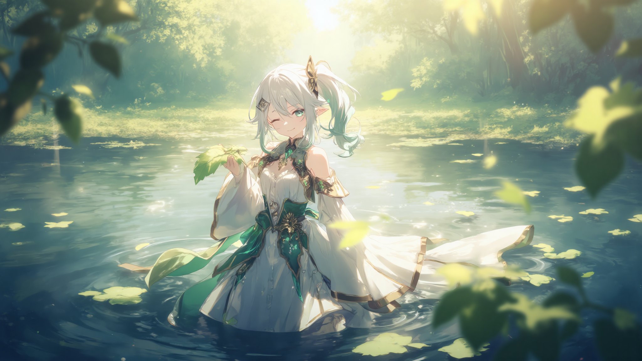 (1girl, solo), long hair, looking at viewer, smile, bangs, hair ornament, dress, holding, hair between eyes, green eyes, standing, white hair, sidelocks, multicolored hair, outdoors, detached sleeves, pointy ears, water, cape, white dress, side ponytail, symbol-shaped pupils, gradient hair, leaf, plant, nature, wading, green cape, nahida \(genshin impact\), nahida,

a cute anime character with white hair and green eyes, wearing an intricate white and green outfit, standing in water, holding a large leaf, forest background, sunlight filtering through leaves, mystical and dreamy atmosphere, highly detailed, vibrant colors