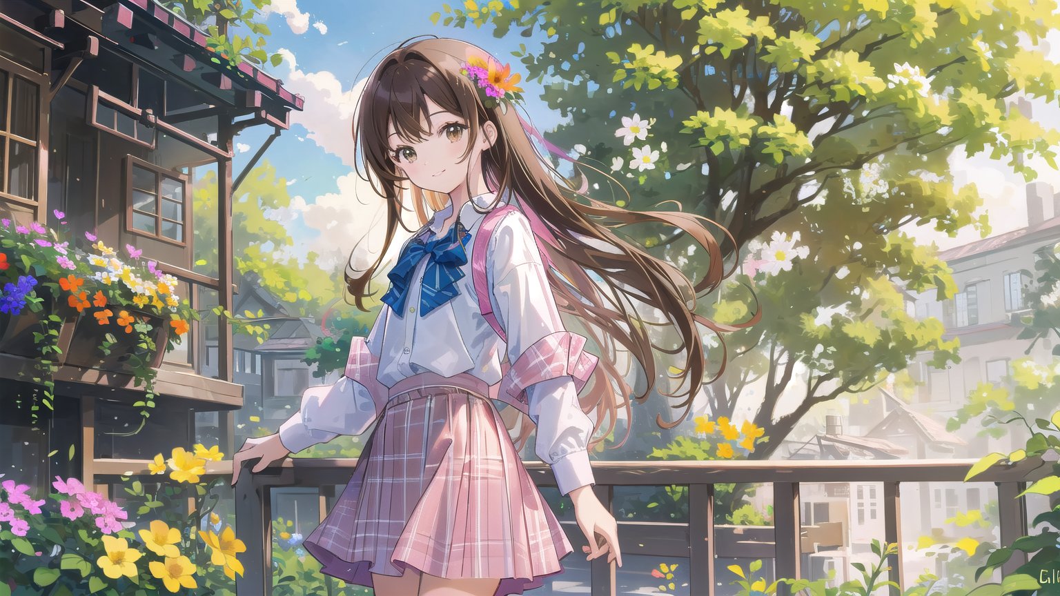 masterpiece, best quality, high quality, extremely detailed CG unity 8k wallpaper, extremely detailed, High Detail, vibrant colors, backlight, photo background, 

(1girl, solo), long hair, looking at viewer, smile, bangs, skirt, brown hair, shirt, long sleeves, brown eyes, standing, flower, outdoors, looking back, lips, head tilt, plaid, pink shirt, pink plaid shirt, plaid shirt, 

green plants, stairs, railing, walkway, orange flowers, outdoor, park, garden, lush greenery, metal railing, peaceful environment, nature scenery