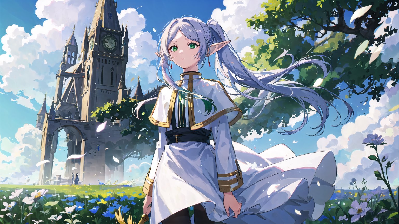 masterpiece, best quality, high quality, extremely detailed CG unity 8k wallpaper, extremely detailed, High Detail, vibrant colors, backlight, photo background, 

(1girl, solo), frieren, long hair, twintails, (green eyes:1.5), grey hair, pointy ears, elf, shirt, long sleeves, jewelry, pantyhose, earrings, striped, black pantyhose, capelet, striped shirt, 

upper body, outdoors, sky, pointy ears, cloud, hand up, blurry, from side, petals, floating hair, field,

A fantasy elf girl with long silver hair, standing in a field of flowers with a dreamy sky background, She is holding a magical staff and her hair is flowing in the wind, The scene is serene and filled with soft light, 