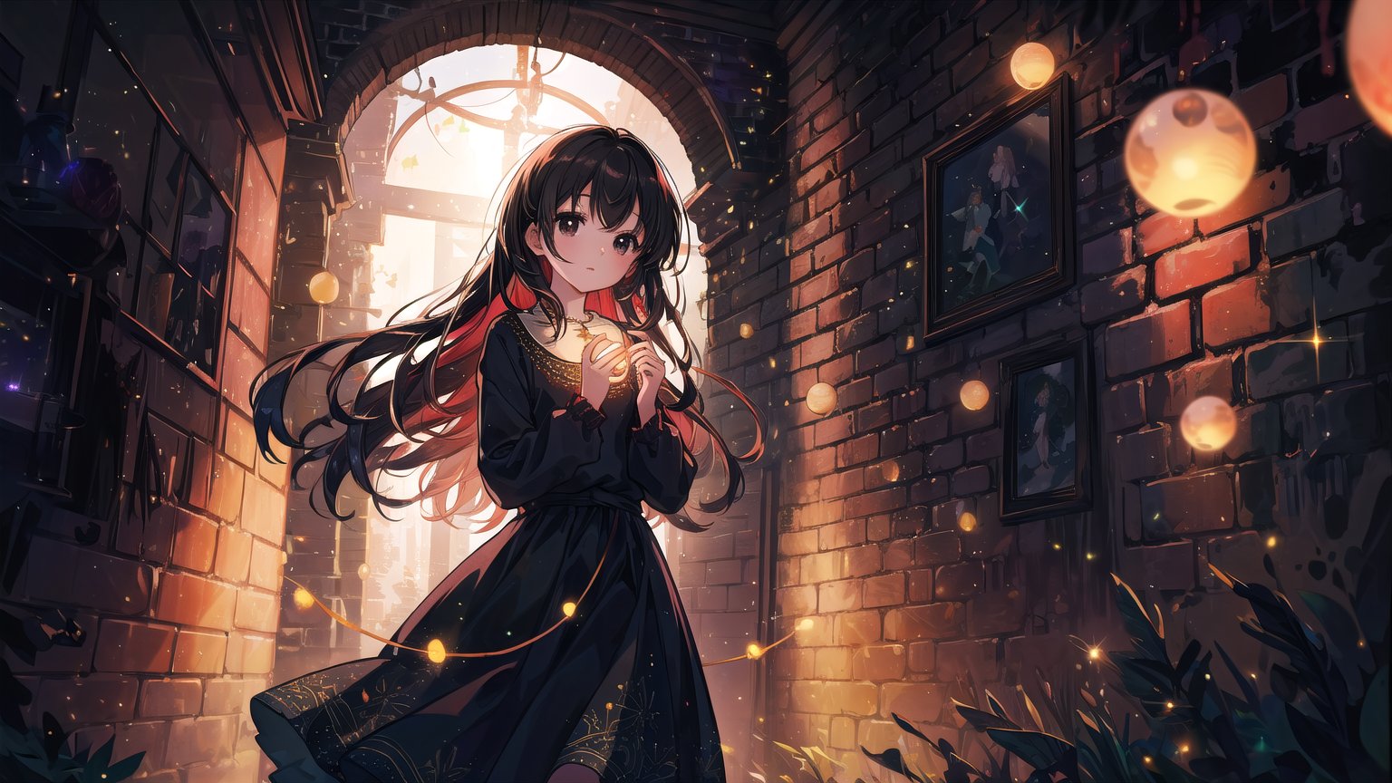 masterpiece, best quality, high quality, extremely detailed CG unity 8k wallpaper, extremely detailed, High Detail, vibrant, colors, backlight, simple background, brick wall background, ethereal lighting, dreamlike atmosphere, sparkling effects, red tune, 

(1girl, solo), long hair, looking at viewer, black hair, jewelry, necklace, black eyes, lips, magic, brick wall, glowing aura, fairy lights, full body, upper body,

A young girl standing in front of a brick wall, holding glowing string lights in her hands, dimly lit background, warm and mysterious atmosphere, calm expression, direct gaze at the camera, slightly pursed lips, wearing a black outfit with red floral embroidery, surrounded by soft glowing orbs, magical ambiance, gentle breeze moving hair and lights, serene and enchanting mood, starry sparkles in the background,