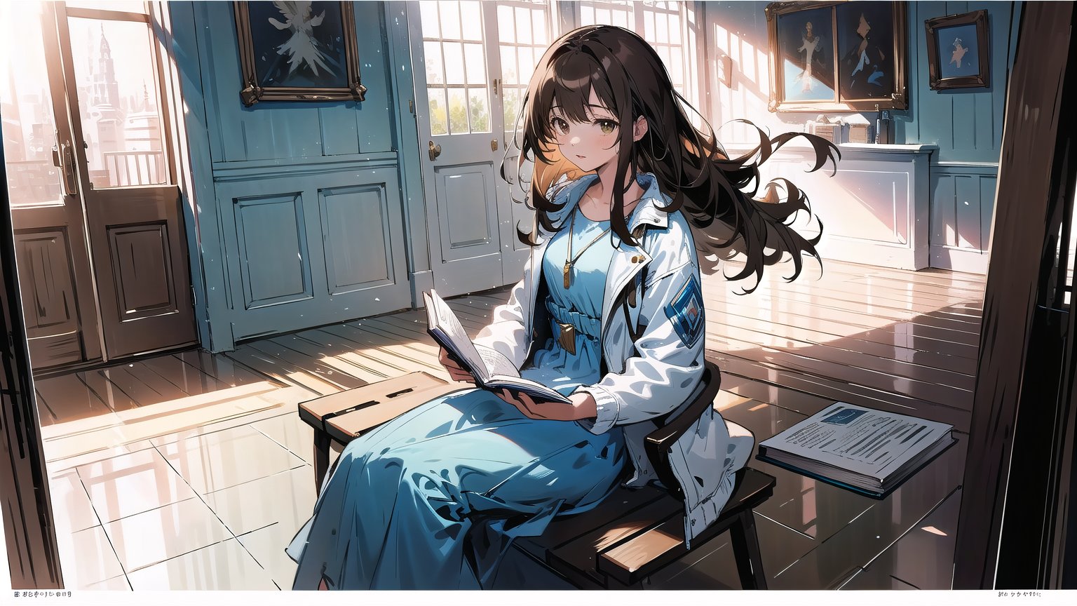 masterpiece, best quality, high quality, extremely detailed CG unity 8k wallpaper, extremely detailed, High Detail, vibrant colors, backlight, photo background, dreamy atmosphere, serene, peaceful, pastel colors,

(1girl, solo), long hair, looking at viewer, brown hair, black hair, long sleeves, dress, holding, brown eyes, sitting, jacket, indoors, lips, book, blue dress, white jacket, door,

A person wearing a white jacket and light blue dress, sitting on an indoor bench, reading a comic book,
Background with wooden doors and walls, traditional design elements,