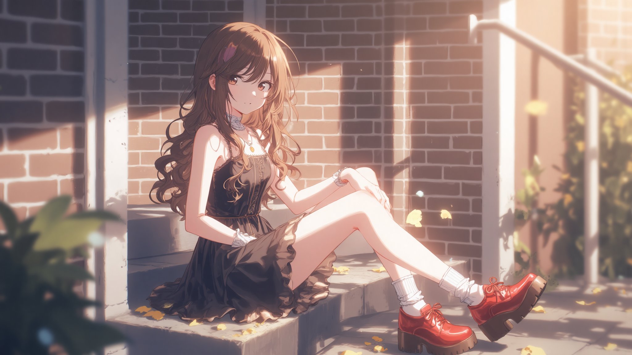 (1girl, solo), long hair, looking at viewer, skirt, brown hair, dress, brown eyes, jewelry, sitting, full body, outdoors, shoes, sleeveless, socks, black skirt, necklace, black dress, lips, shadow, white socks, red footwear, stairs,

A woman sitting on outdoor steps, wearing a black sleeveless dress, long wavy hair, white socks, and red patent leather chunky shoes. Sunlight casting long shadows, with a brick wall and door in the background