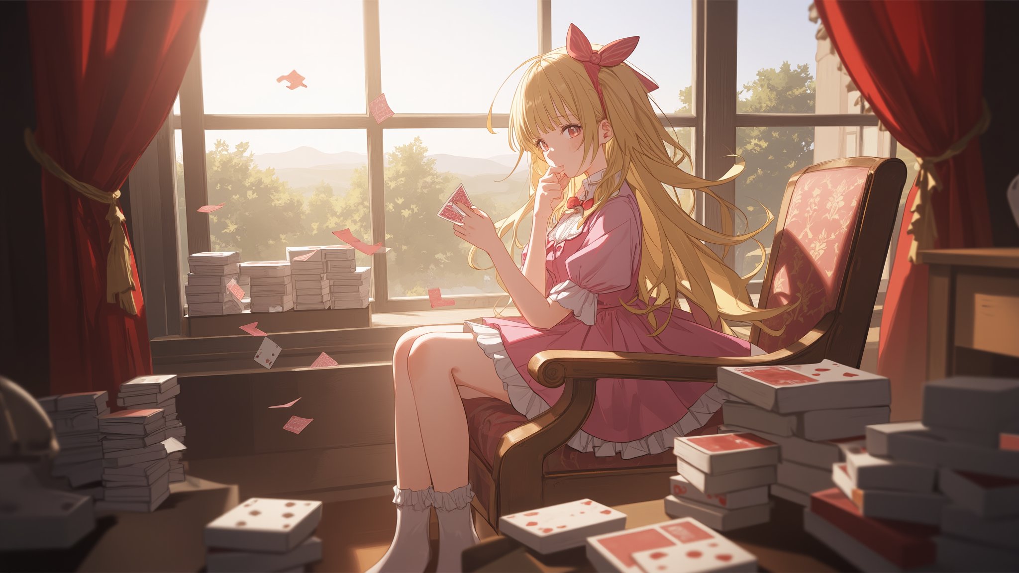 A young girl sits pensively on a worn chair, surrounded by stacks of playing cards, amidst a room bathed in soft, warm light. A large window behind her frames a serene landscape, while red curtains flutter gently. Her long blonde hair falls to her shoulders, with bangs framing her thoughtful expression. The pink dress and red bow add a touch of whimsy, as she holds a card tightly in her hand, lost in contemplation.