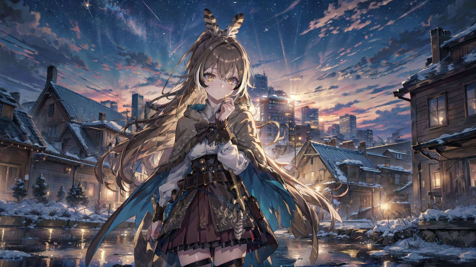 //Quality
(((best quality, 8k wallpaper))), ((detailed eyes, detailed illustration, masterpiece, ultra-detailed)), portrait

//Body
(detailed face, (detailed eyes), detailed skin, detailed hair, detailed fabric, Detailedface),
(beautiful detailed eyes, pretty eyelashes, (shiny eyes), (glossy eyes), reflective eyes, sparkly eyes, sparkles in eyes),

// Charater
1girl, solo, Nanashi Mumei, NanashiMumei, (brown hairs), (yellow eyes), 
aamumei, very long hair, ponytail, ahoge, multicolored hair, feather hair ornament, hairclip, white shirt, brown corset, dagger, belt, red skirt, thigh strap, single kneehigh, single thighhigh, brown cloak, cape, capelet, brown bow, 

// Pose
upper body, looking at viewer, (straight-on), 
a girl is standing, 
dynamic angle, 

// Background
((detailed background)), reflection, refraction:1.4, ((background: retro city,)), (nightime, detailed stars), Night view in the city, city, skyscrapers, perfect light,
,best quality, ,mirrornun,octans