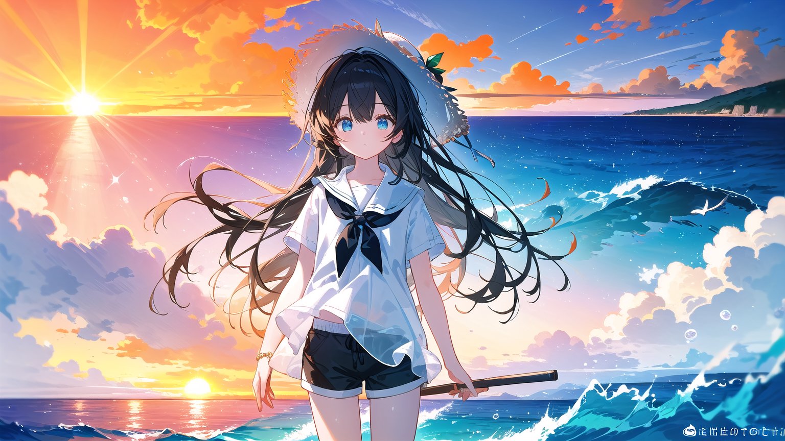 masterpiece, best quality, high quality, extremely detailed CG unity 8k wallpaper, extremely detailed, High Detail, vibrant, colors, backlight, ethereal, dreamy, soft lighting,

(1girl, solo), shirt, black hair, hat, white shirt, outdoors, sky, shorts, water, ocean, white headwear, black shorts, sun hat, sunset, photo background,

A girl standing by the sea during sunset, wearing a white lightweight blouse and black shorts, with a white wide-brimmed straw hat, The background features a calm ocean with multiple boats anchored in the distance, and the sky displaying a beautiful gradient from orange to blue, surrounded by soft clouds and gentle light reflections on the water, giving a serene and magical atmosphere,