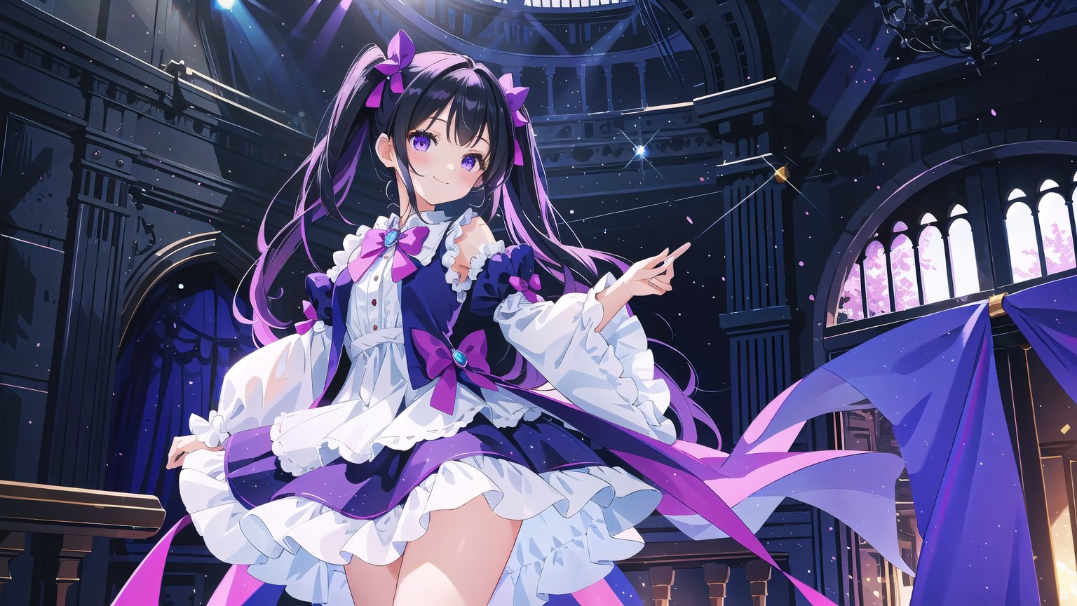 masterpiece, best quality, high quality,extremely detailed CG unity 8k wallpaper, extremely detailed, High Detail, colors, 

(1girl, solo), (idol, idol costume), long hair, black hair, dress, bow, standing, detached sleeves, white dress, hand on hip, curtains, pointing, pointing at self,

A young girl wearing a lavish purple dress with puffy sleeves and a layered skirt, Her hair is styled in twin tails with purple bows, The background is a dark blue curtain, She is smiling and posing cutely,girl