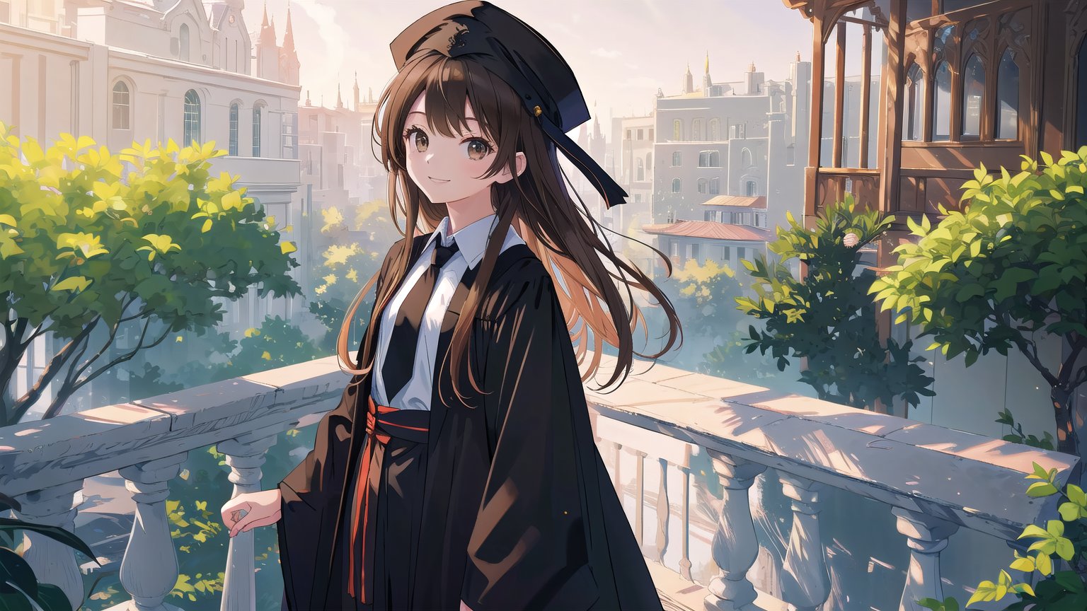 masterpiece, best quality, high quality, extremely detailed CG unity 8k wallpaper, extremely detailed, High Detail, vibrant colors, backlight, simple background,

(1girl, solo), long hair, looking at viewer, smile, brown hair, shirt, long sleeves, hat, brown eyes, white shirt, braid, necktie, collared shirt, wide sleeves, black headwear, grass, robe, black robe, cap, (graduation gown, academic gown), mortarboard,

a happy young woman in a graduation gown and cap, standing in front of a grey wall with round windows, outdoor setting, smiling, celebration,

campus features, university building, trees, academic environment, 