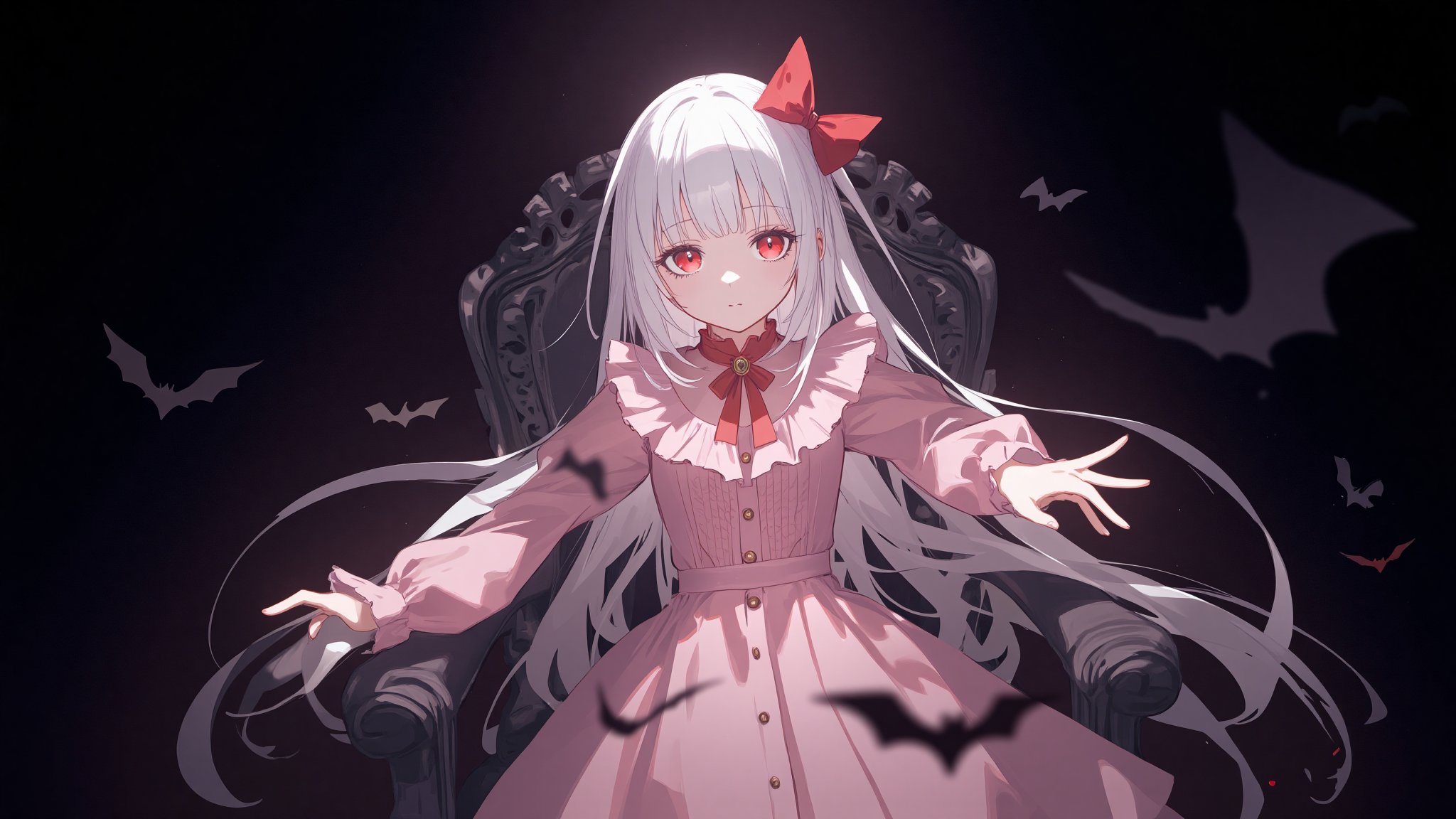 The image is an illustration of a young girl with white hair and red eyes. She is wearing a pink dress with a red bow on her head and a red collar. The dress has a high neckline and long sleeves. The girl is sitting on a black chair with her arms stretched out to the sides. The background is dark and there are bats flying around her. The overall mood of the image is eerie and mysterious.