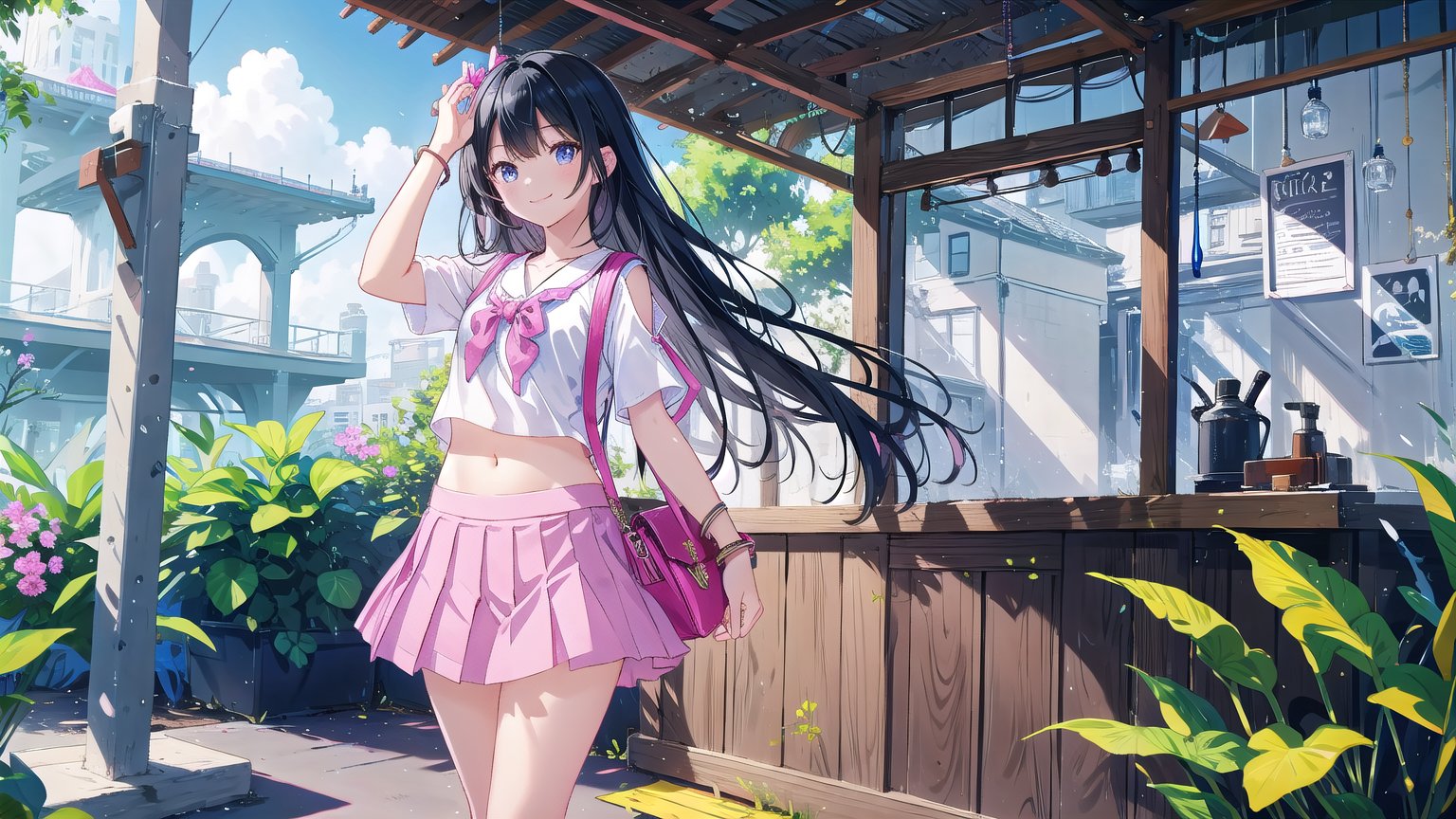 masterpiece, best quality, high quality, extremely detailed CG unity 8k wallpaper, extremely detailed, High Detail, vibrant colors, backlight, photo background, 

(1girl, solo), long hair, looking at viewer, smile, skirt, shirt, black hair, navel, jewelry, standing, short sleeves, pleated skirt, midriff, bag, bracelet, grey skirt, pink shirt, shoulder bag,

girl, pink short sleeve top, grey pleated skirt, yellow small bag, standing, blue shutter door, white text, posing with hands above head, casual outfit,