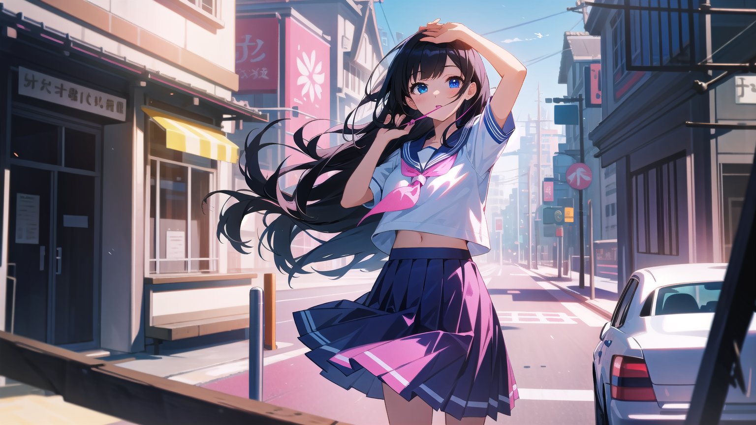 masterpiece, best quality, high quality,extremely detailed CG unity 8k wallpaper, extremely detailed, High Detail, 

1girl, solo, long hair, black hair, blue eyes, skirt, shirt, school uniform, standing, white shirt, short sleeves, pleated skirt, outdoors, sky, serafuku, (pink serafuku, pink school uniform), day, sailor collar, blurry, arm up, neckerchief, long skirt, ,girl