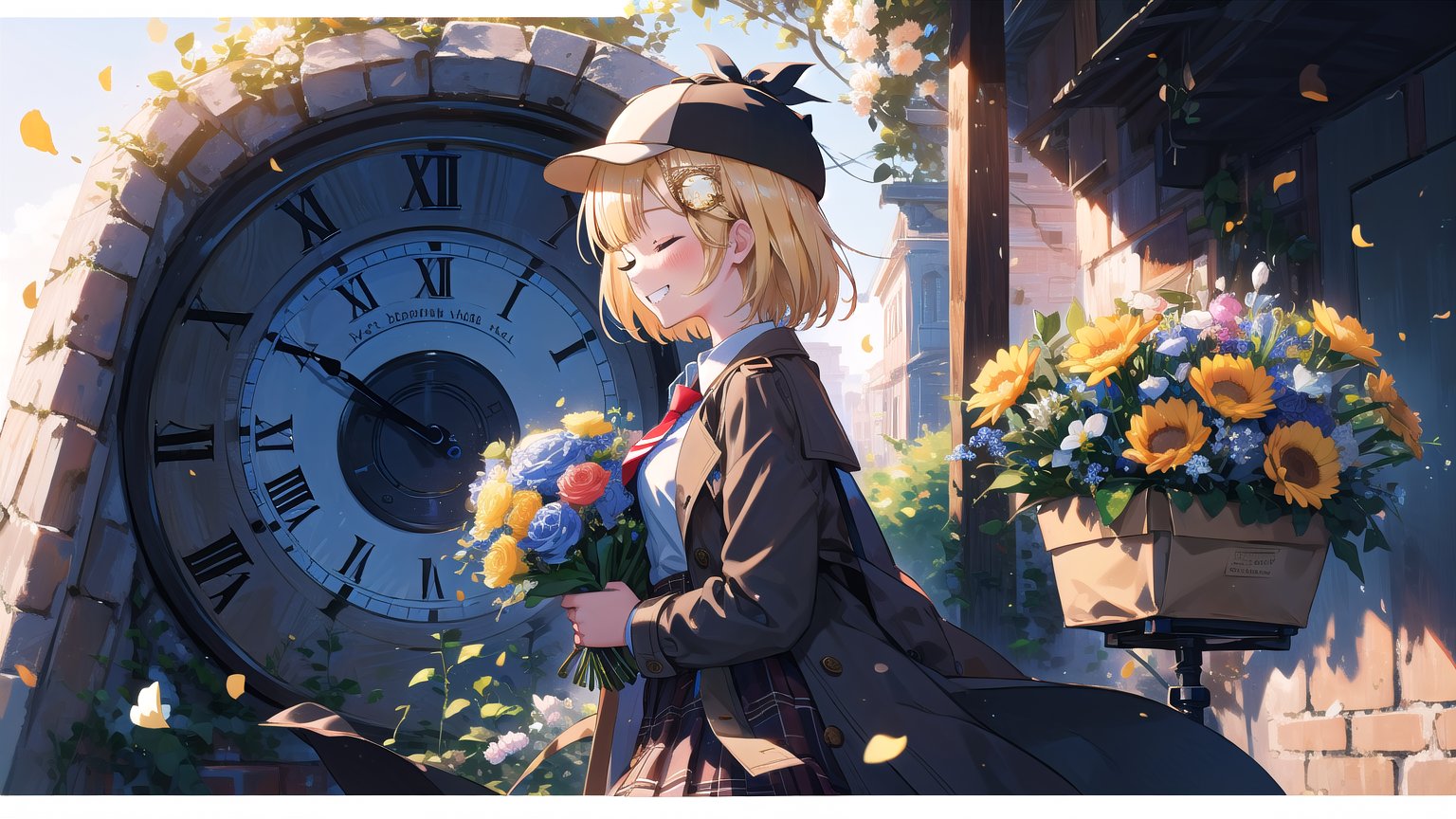 masterpiece, best quality, high quality, extremely detailed, High Detail, vibrant colors, simple background,  white background, colorful, bright background, happy atmosphere, cute, 

(1girl, solo), blush, smile,  grin, ^ ^, closed eyes, virtual youtuber, amelia watson, watson amelia,short hair, blonde hair, hair ornament, onocle hair ornament, amelia_detective, collared shirt, red necktie, plaid skirt, thighhighs, smile, holding, standing, from side, clock, pocket watch, deerstalker, detective outfit, trench coat, holding, flower, bouquet, holding bouquet, holding bouquet of flowers, holomyth, 