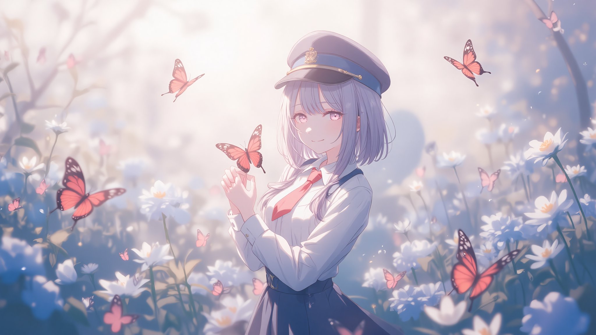 A stunning digital illustration of a single girl posing solo in front of a simple background with a dreamy, pastel-colored garden filled with blooming flowers and butterflies. She wears a white long-sleeved shirt with a red necktie and a black skirt, complete with low twintails and bangs framing her face. Her hair falls between her eyes, and she keeps her parted lips closed, showcasing a subtle smirk. The focus is on her bust shot as she holds a red butterfly specimen in front of her. A black and blue military hat sits atop her head, adding an air of uniformity to the overall design. Soft shadows enhance the dreamcore atmosphere, inviting the viewer to step into this whimsical world.