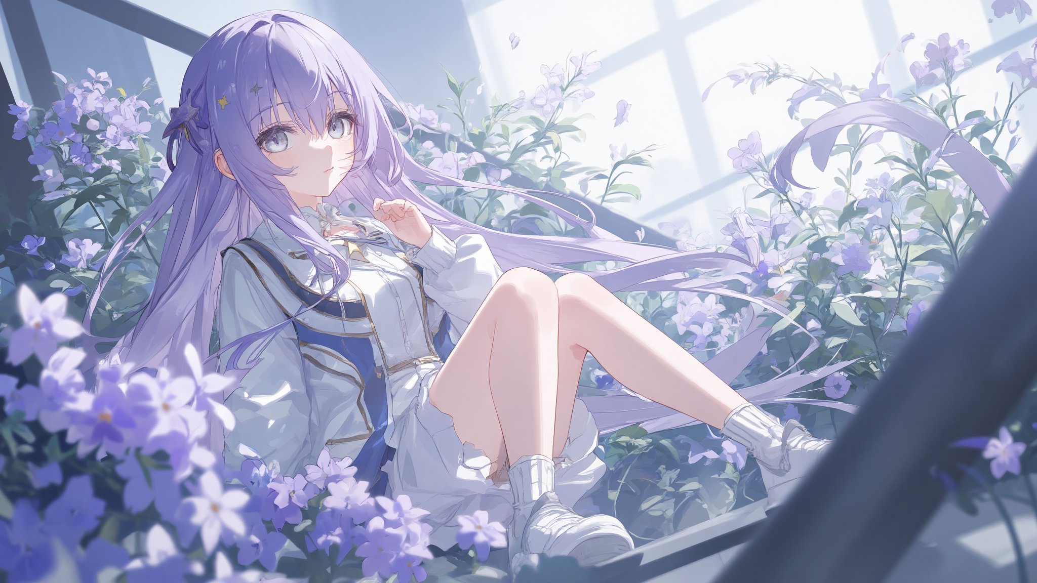 1girl, solo, long hair, grey eyes, sitting, flower, long sleeves, purple hair, plant, looking at viewer, very long hair, purple flower, white footwear, hand up, jacket, white jacket, hair between eyes, white socks, shoes, star \(symbol\)