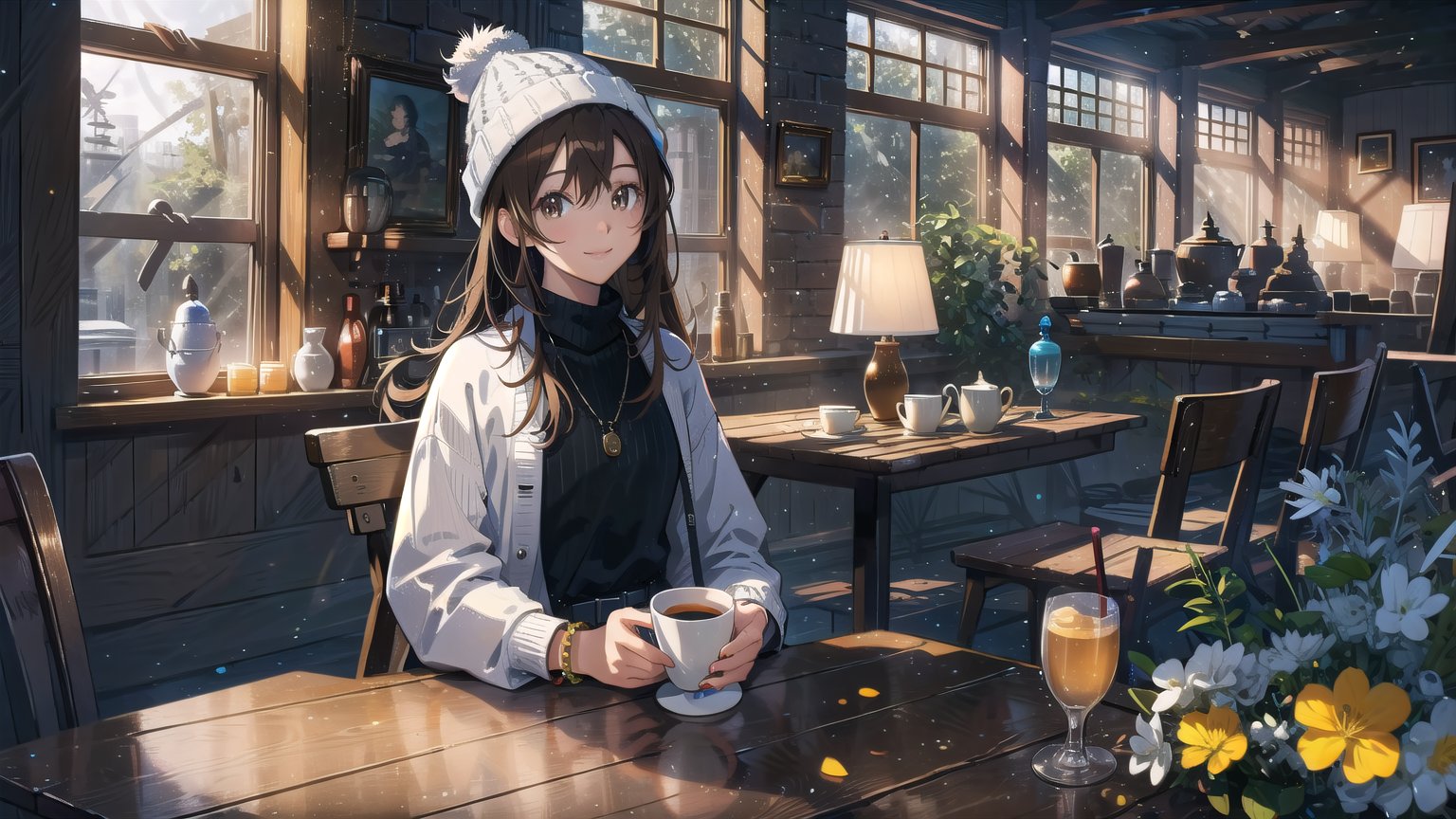 masterpiece, best quality, high quality, extremely detailed CG unity 8k wallpaper, extremely detailed, High Detail, vibrant colors, backlight, photo background, 

(1girl, solo), long hair, looking at viewer, smile, brown hair, long sleeves, hat, holding, brown eyes, jewelry, upper body, indoors, nail polish, bracelet, cup, lips, window, table, holding cup, beanie,

a young woman, wearing a light-colored fuzzy hat, long straight black hair, blue turtleneck long-sleeve shirt, holding a yellow and white striped cup, sitting indoors with striped wall background, smiling, cozy atmosphere, high quality, detailed face, natural lighting