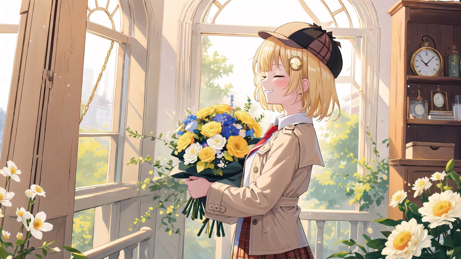 masterpiece, best quality, high quality, extremely detailed, High Detail, vibrant colors, simple background,  white background, colorful, bright background, happy atmosphere, cute, 

(1girl, solo), blush, smile,  grin, ^ ^, closed eyes, virtual youtuber, amelia watson, watson amelia,short hair, blonde hair, hair ornament, onocle hair ornament, amelia_detective, collared shirt, red necktie, plaid skirt, thighhighs, smile, holding, standing, from side, clock, pocket watch, deerstalker, detective outfit, trench coat, holding, flower, bouquet, holding bouquet, holding bouquet of flowers, holomyth, 