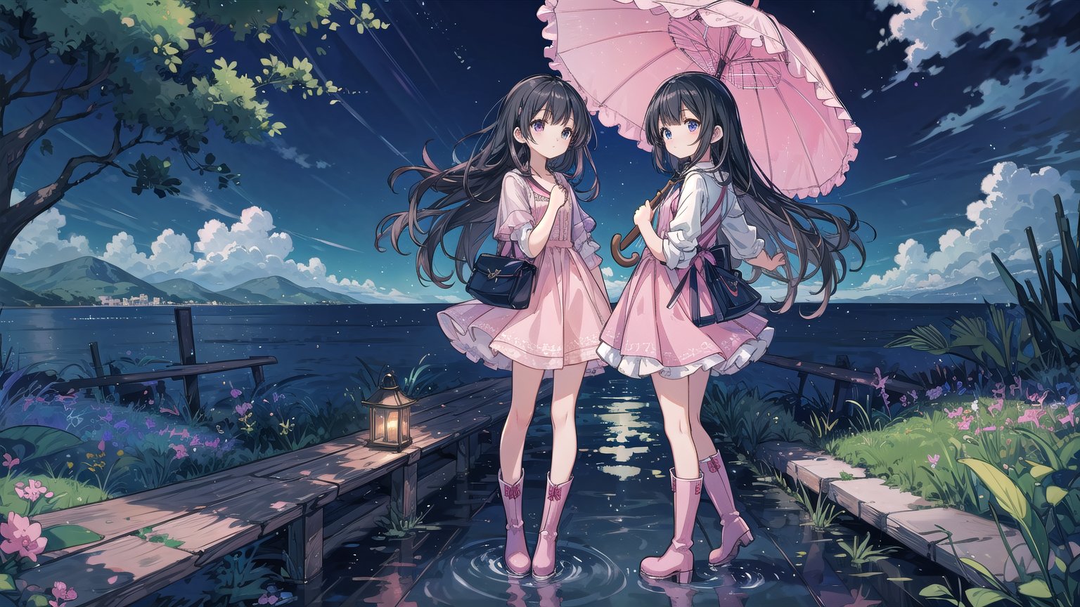 masterpiece, best quality, high quality, extremely detailed CG unity 8k wallpaper, extremely detailed, High Detail, anime style, colors, backlight, cute background, dreamy background, ethereal ambiance, magical atmosphere, fantasy elements, whimsical,

(2 girls, twins), long hair, multiple girls, black hair, dress, 2girls, boots, day, water, ocean, umbrella, knee boots, dual persona, pink footwear,

Two girls standing by the water, wearing cute dresses, long hair, holding a transparent umbrella, one in a pink dress, the other in a blue dress, fashionable boots, calm sea in the background, clear sky, refreshing and cheerful atmosphere, 