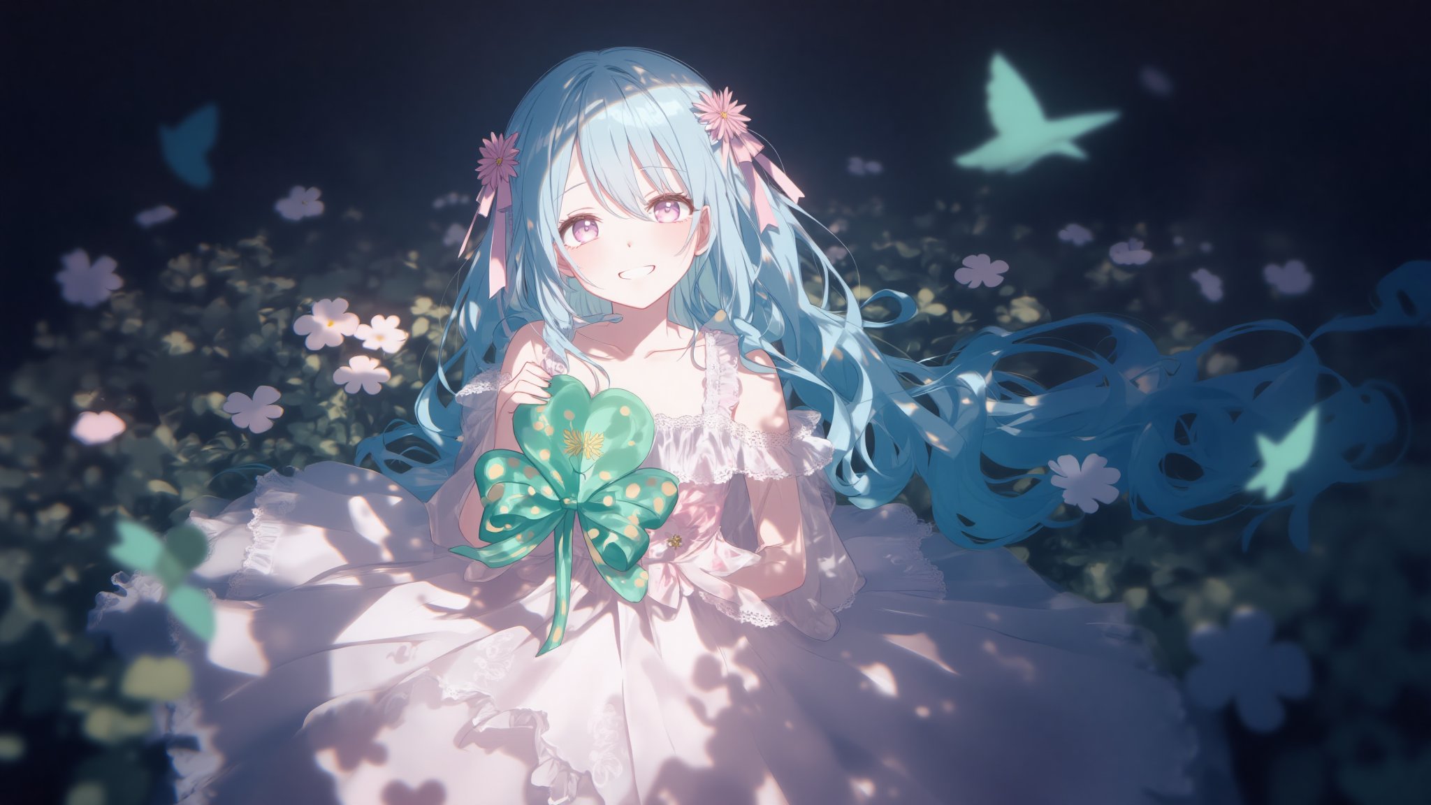 Soft focus on the anime-style girl's enigmatic smile as she stands amidst a dark backdrop, drawing attention to her stunning pastel pink and white Lolita dress adorned with lace and ribbon details. Long curly light blue hair flows down her back, secured by delicate pink bows, while pink flowers add a touch of sweetness. In her hand, she grasps a large green prop, set against the dramatic contrast of a heart-shaped Lucky clover decoration wrapped in a vibrant green ribbon.