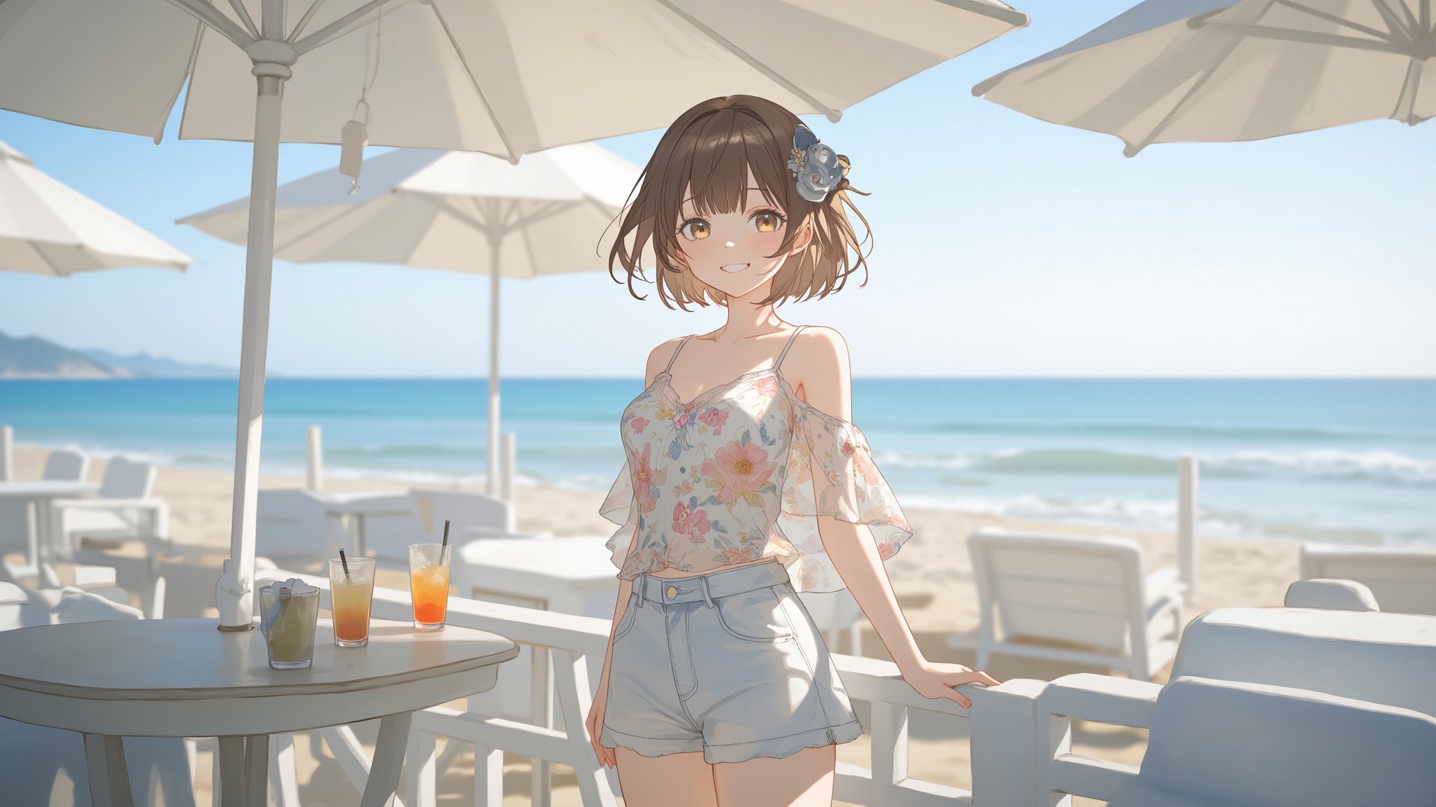 A young woman with short, brown hair adorned with a hair ornament, wears a bright smile as she gazes directly at the viewer. Her short locks are styled to perfection, framing her heart-shaped face. She's dressed in light denim shorts and a floral camisole, exuding effortless charm. Set against the serene backdrop of an ocean-filled horizon, she stands confidently by a railing, surrounded by beach umbrellas providing shade. A pair of drinks sit on a nearby table, as if inviting the viewer to join her in this idyllic outdoor setting.