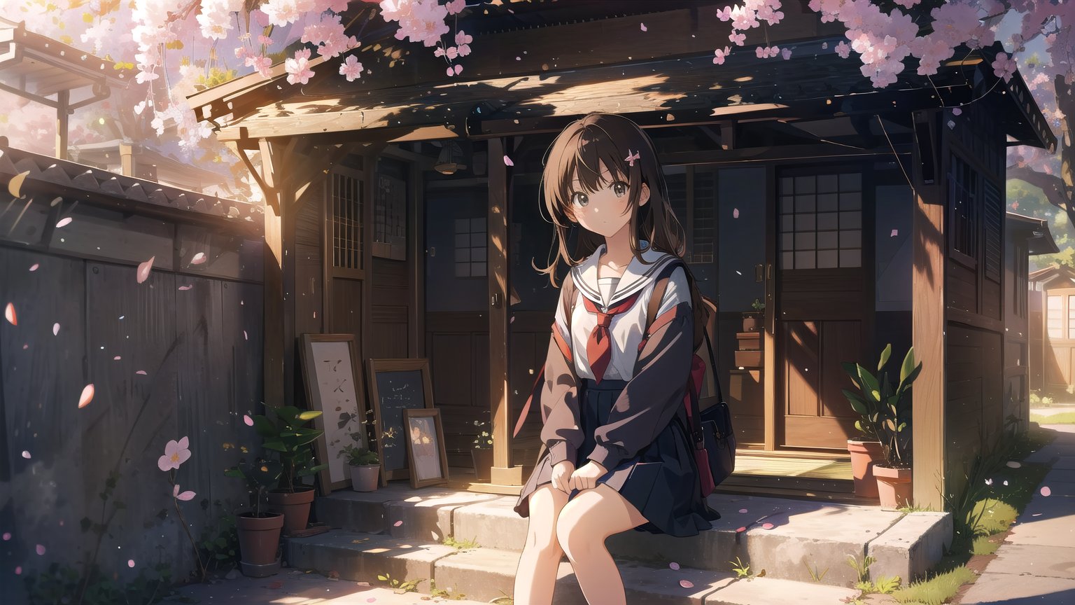 masterpiece, best quality, high quality, extremely detailed CG unity 8k wallpaper, extremely detailed, High Detail, anime style, colors, backlight, bright, vibrant,

(1girl, solo), long hair, looking at viewer, bangs, skirt, brown hair, shirt, black hair, long sleeves, holding, brown eyes, sitting, school uniform, white shirt, pleated skirt, outdoors, food, serafuku, black skirt, sailor collar, feet out of frame, holding food, stairs, juice, sitting on stairs,

A young girl in a Japanese sailor school uniform, sitting on outdoor stone stairs, drinking a juice pouch, sunny day, natural and cute expression, gentle sunlight, cherry blossom petals falling, warm and serene atmosphere