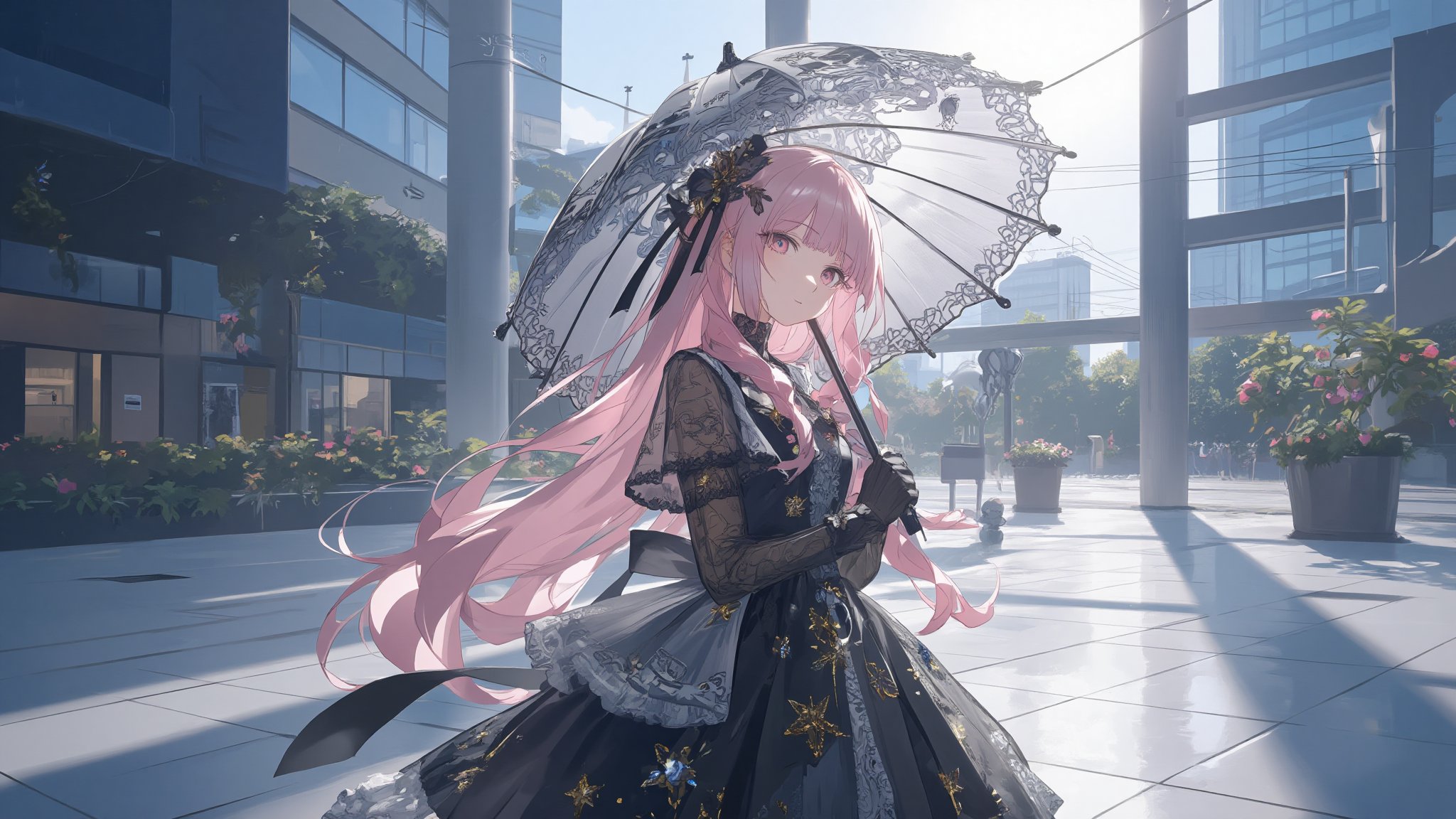 A Gothic Lolita beauty stands out against a backdrop of sleek, modern architecture. Wearing a stunning black and white lace dress embroidered with intricate golden stars, she exudes an air of mysterious elegance. Her long pink hair is braided to perfection, framing her porcelain doll-like face. Clutching a parasol adorned with delicate filigree and sparkling gemstones, she casts a dainty silhouette against the vibrant sunlight. The parasol's layered tulle creates beautiful shadows on the surrounding pavement, adding an air of whimsy to the scene.