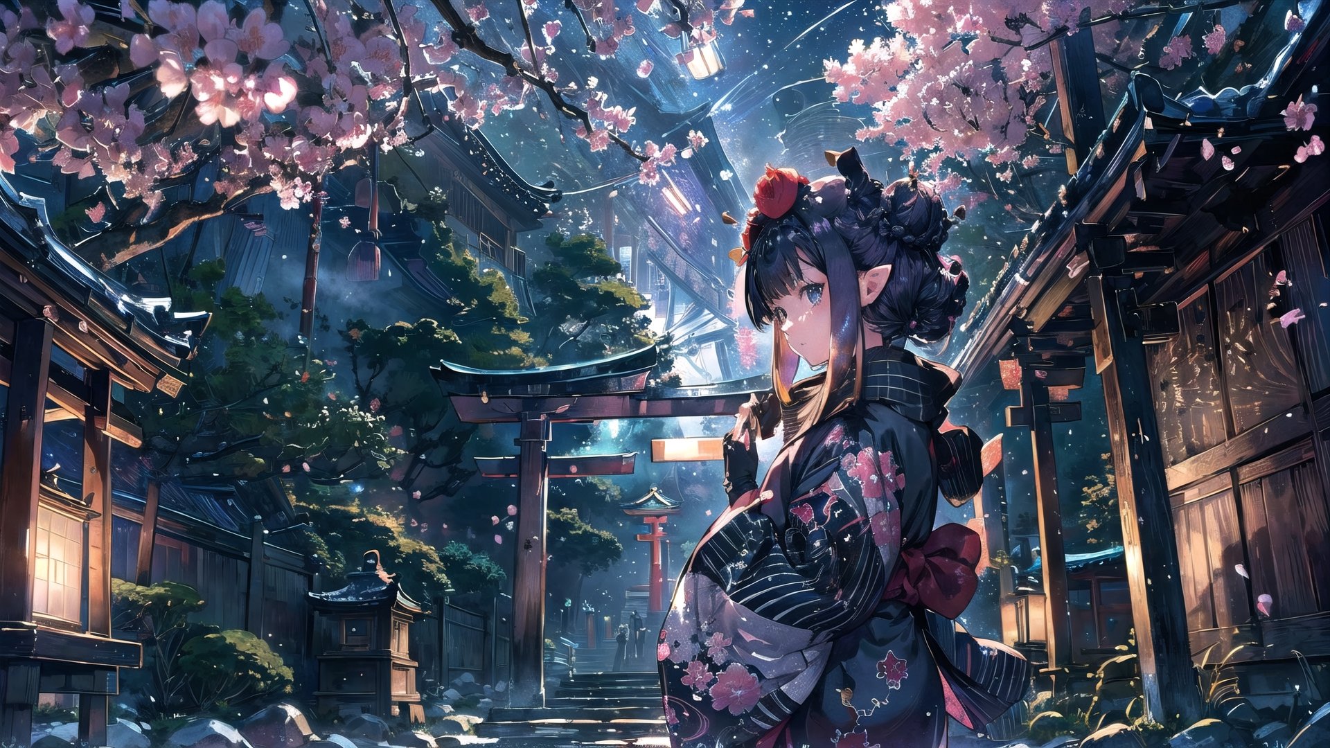 //Quality
(((best quality, 8k wallpaper))), ((detailed eyes, detailed illustration, masterpiece, ultra-detailed)),

//Charater
1girl, solo, ninomae ina'nis, flat_chest, tiny_chest,
inanewyears, haori, print kimono, black scarf, double bun, hair flower

// Background
((detailed background)), midjourney, yofukashi background,perfect light, (cherry blossoms), extremely delicate and beautiful, ((background: shrine, night stars iridescent)), ((nightime, detailed stars)), Night view in the shrine, A girl prays in front of a shrine at night, behind her is a row of lanterns and a red torii gate