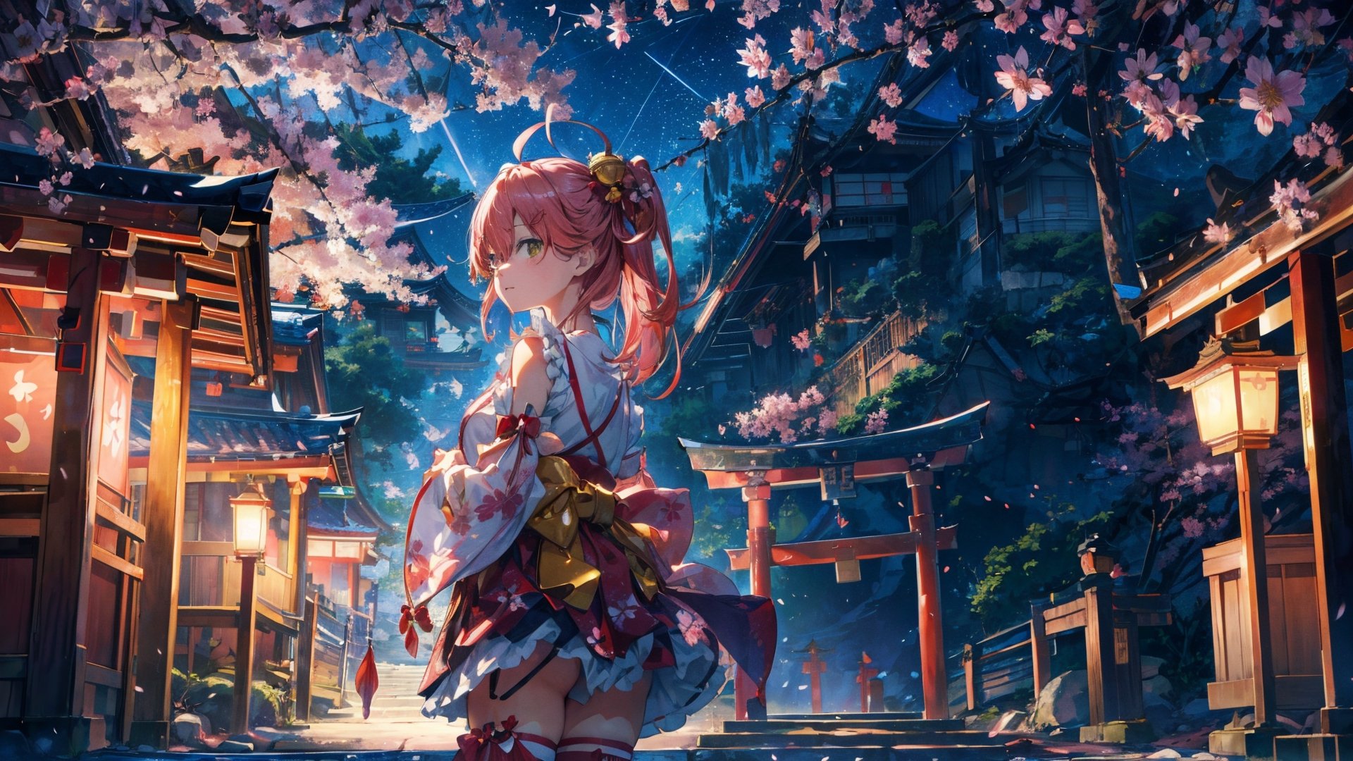 //Quality
(((best quality, 8k wallpaper))), ((detailed eyes, detailed illustration, masterpiece, ultra-detailed)),

//Charater
1girl, solo, Sakura Miko, SakuraMiko, 
MikoBase, long hair, ahoge, one side up, hair bell, cherry blossom print, nontraditional miko, frills, single thighhigh, bridal garter,

// Pose
upper body, (dynamic angle), 
looking at viewer, 

// Background
((detailed background)), midjourney, yofukashi background,perfect light, (cherry blossoms), extremely delicate and beautiful, ((background: shrine, night stars iridescent)), ((nightime, detailed stars)), Night view in the shrine, A girl prays in front of a shrine at night, behind her is a row of lanterns and a red torii gate,midjourney,More Detail