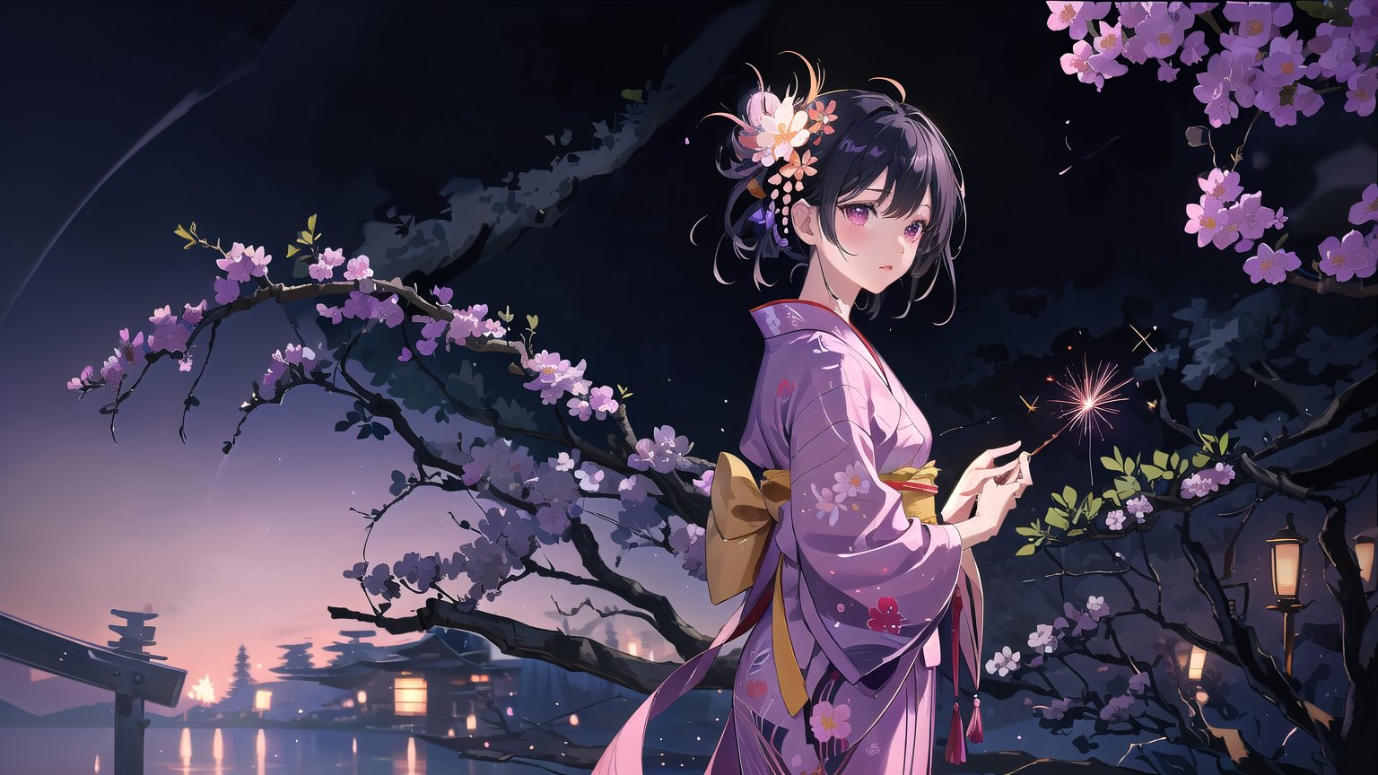 masterpiece, best quality, high quality, extremely detailed CG unity 8k wallpaper, extremely detailed, High Detail, vibrant colors, backlight, photo background, dreamy atmosphere, serene, peaceful, pastel colors,

1girl, solo, short hair, black hair, hair ornament, flower, japanese clothes, hair flower, kimono, blurry, lips, sash, looking up, yukata, fireworks, sparkler,

A woman wearing a traditional light purple kimono, holding a sparkler at night, She has pink and white flowers in her hair, The background features a water surface with colorful, blurred lights, creating a dreamy atmosphere,