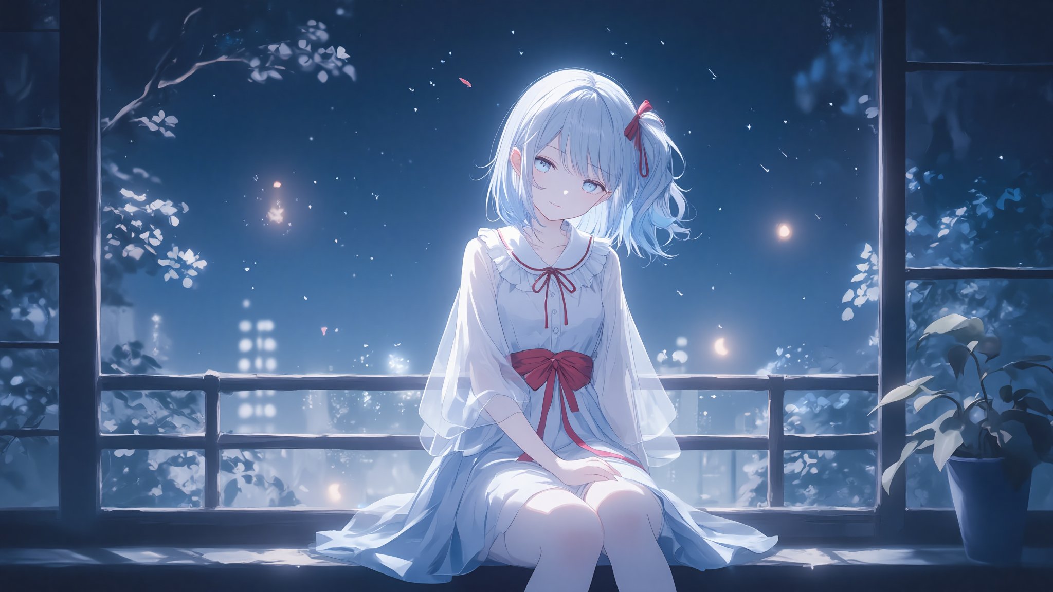 The image is an illustration of a young girl with white hair and blue eyes. She is sitting on a window sill with her legs crossed and her hands resting on her knees. The girl is wearing a white dress with a red ribbon tied around her waist. She has a red bow in her hair and is looking out the window with a peaceful expression on her face. The background is dark and there are trees visible through the window. The overall mood of the image is calm and serene.