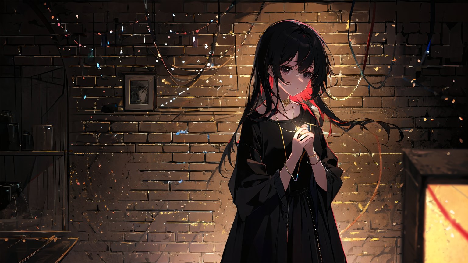 masterpiece, best quality, high quality, extremely detailed CG unity 8k wallpaper, extremely detailed, High Detail, vibrant, colors, backlight, simple background, brick wall background,

(1girl, solo), long hair, looking at viewer, black hair, jewelry, upper body, necklace, black eyes, lips, magic, brick wall, full body,

A young girl standing in front of a brick wall, holding glowing string lights in her hands, dimly lit background, warm and mysterious atmosphere, calm expression, direct gaze at the camera, slightly pursed lips, wearing a black outfit with red floral embroidery,