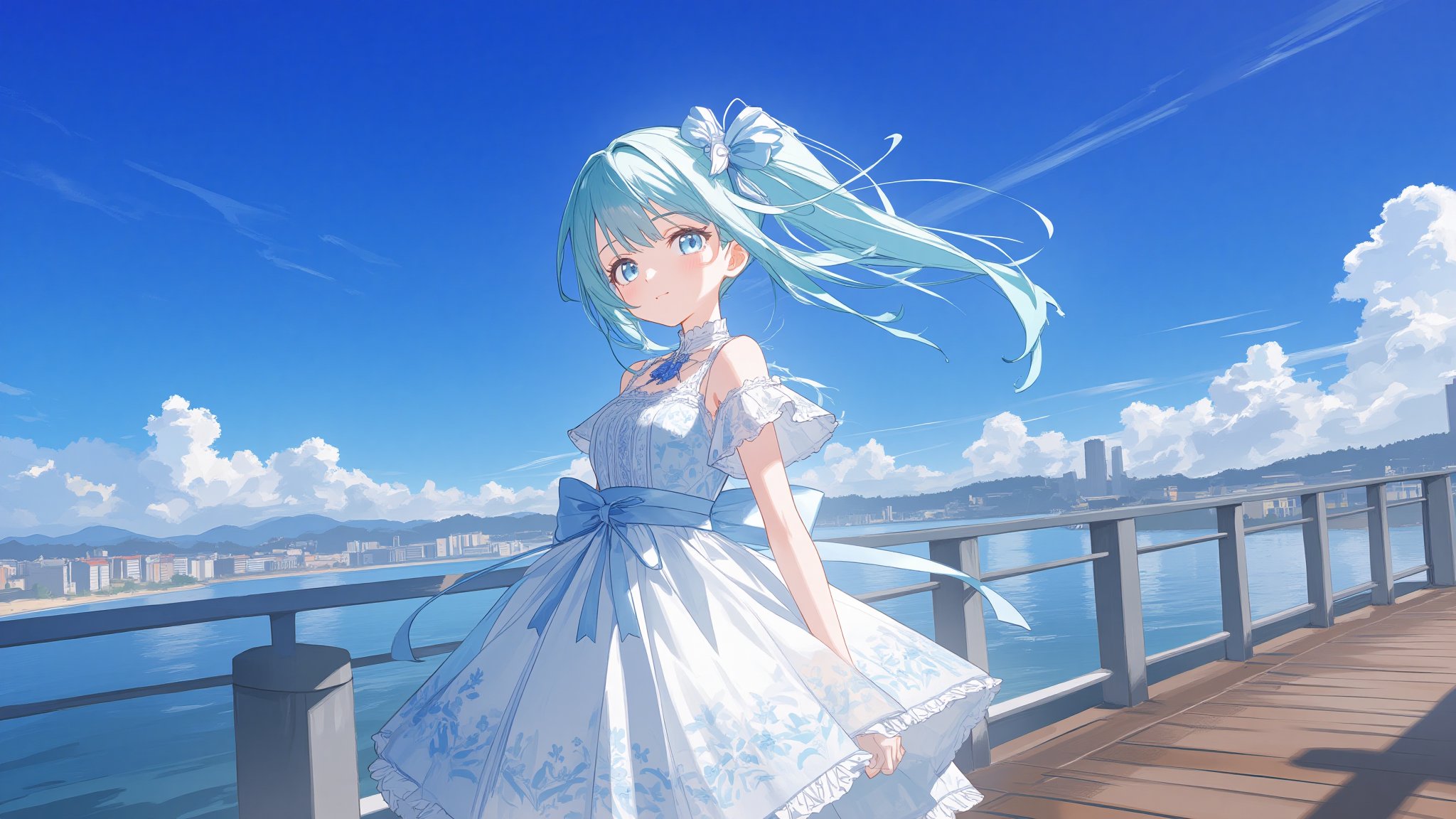 a young anime girl stands on a wooden deck in front of a metal railing. She is dressed in a light blue dress adorned with a detailed floral pattern, adorned with intricately tied blue ribbons and a perfectly placed white bow. Her hair is pulled back in a neat and flowing ponytail, with strands catching the light, adding a pop of color to the scene. Her eyes sparkle with life, and her expression is serene yet curious. The sky is a deep blue, dotted with fluffy white clouds, and a few buildings can be seen in the distance, their outlines sharp against the horizon. The sunlight casts gentle shadows, highlighting the texture of the wooden deck and the metal railing.