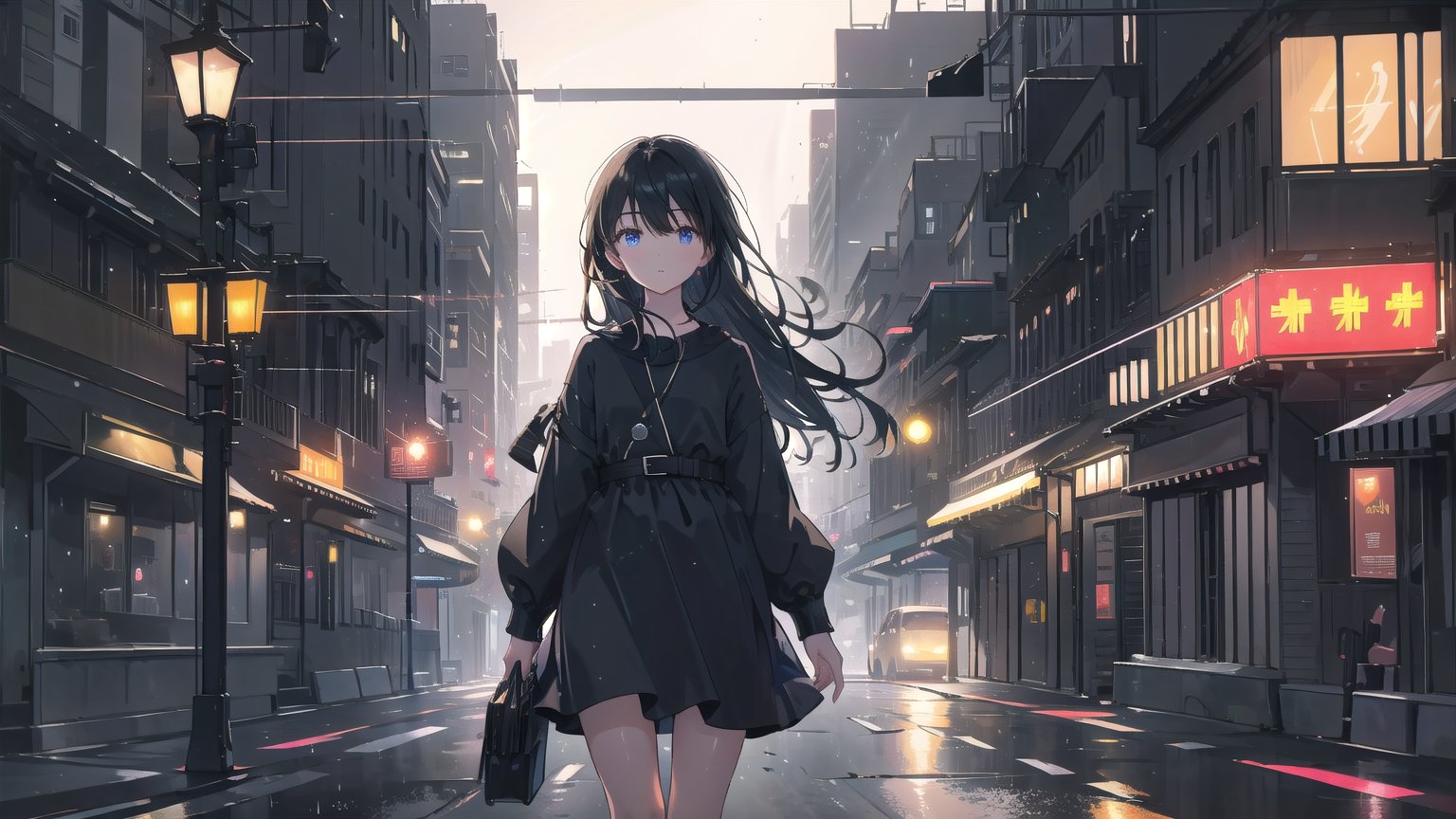 masterpiece, best quality, high quality, extremely detailed, High Detail, vibrant colors, backlight, 

(1girl, solo), long hair, looking at viewer, bangs, black hair, long sleeves, parted lips, lips, dress, standing, delicate face, soft lighting,

night, outdoors, tree, ground vehicle, city, car, road, lamppost, street, crosswalk, night city street, buildings, street lights, trees, road signs, reflections on wet ground, urban night scene, light rain, glowing neon signs, misty ambiance, bustling city, illuminated skyscrapers, busy streets, traffic lights, sidewalk, shop windows, cityscape, urban skyline, 