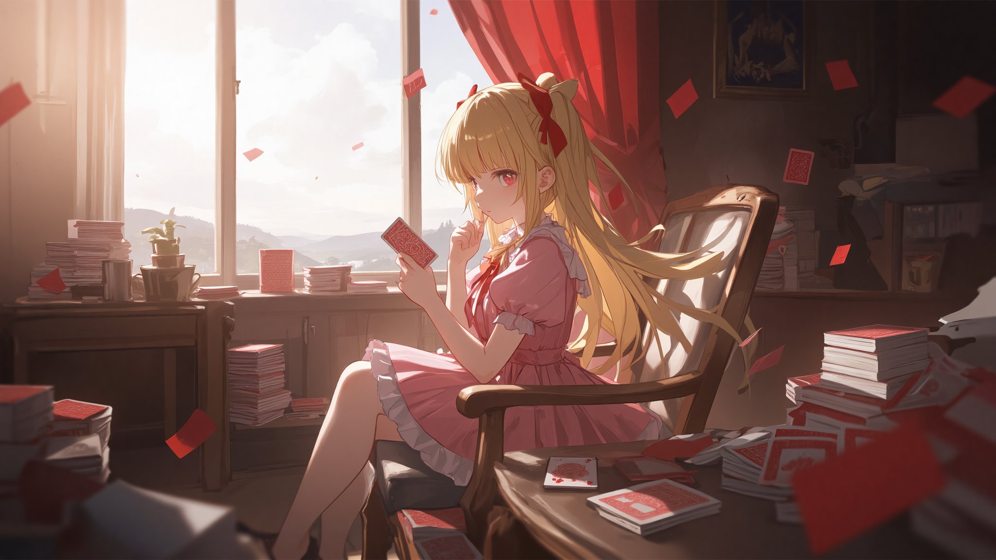 A young girl sits pensively on a worn chair, surrounded by stacks of playing cards, amidst a room bathed in soft, warm light. A large window behind her frames a serene landscape, while red curtains flutter gently. Her long blonde hair falls to her shoulders, with bangs framing her thoughtful expression. The pink dress and red bow add a touch of whimsy, as she holds a card tightly in her hand, lost in contemplation.