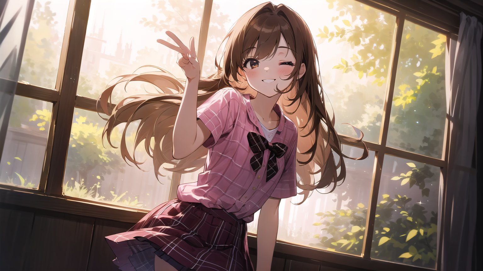 masterpiece, best quality, high quality, extremely detailed CG unity 8k wallpaper, extremely detailed, High Detail, vibrant colors, backlight, simple background, ethereal, dreamy atmosphere, soft lighting, gentle hues,

(1girl, solo), long hair, brown hair, one eye closed, pink plaid shirt, plaid skirt,

a young girl standing by a window, wearing a pink plaid shirt, smiling cutely with one eye winking, hands on her cheeks, playful pose, casual outfit, natural lighting, soft glow, whimsical setting,