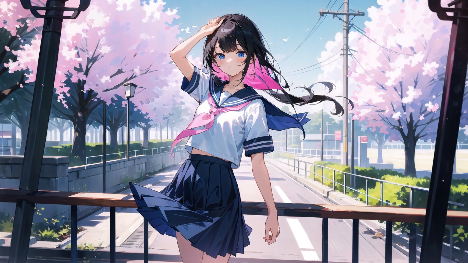 masterpiece, best quality, high quality,extremely detailed CG unity 8k wallpaper, extremely detailed, High Detail, 

1girl, solo, long hair, black hair, blue eyes, skirt, shirt, school uniform, standing, white shirt, short sleeves, pleated skirt, outdoors, sky, serafuku, (pink serafuku, pink school uniform), day, sailor collar, blurry, arm up, neckerchief, long skirt, ,girl