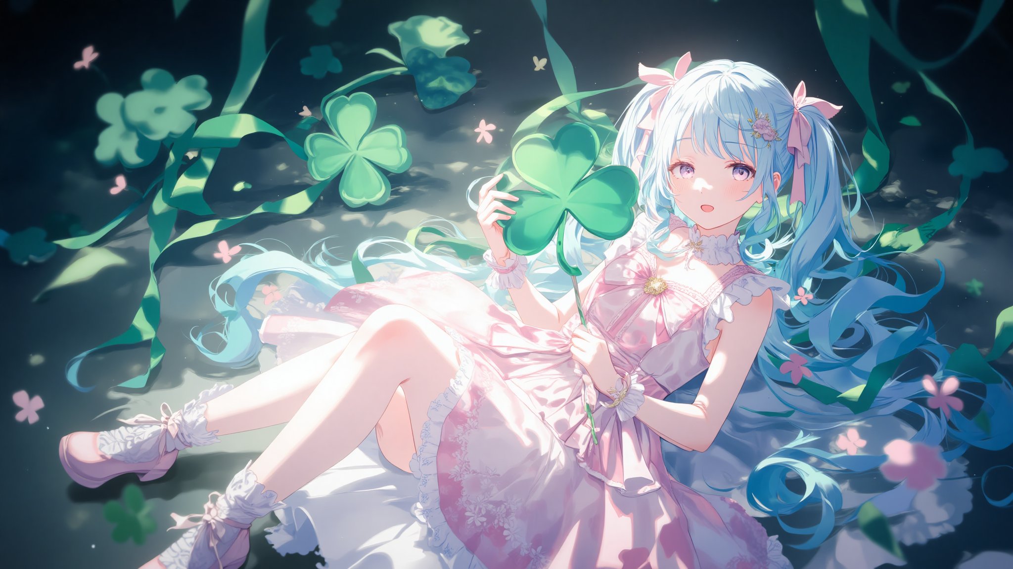 Beautiful anime-style girl in a pastel pink and white Lolita dress with lace and ribbon details, long curly light blue hair with pink bows, adorned with pink flowers, holding a large green prop. She is posed in front of a large green Lucky clover decoration, resembling a heart-shaped green leaf, with a green ribbon adding a pop of color. The background is dark, creating a stark contrast to her outfit. Elegant and whimsical atmosphere, detailed and intricate design, with vibrant colors and soft shading typical of anime art.