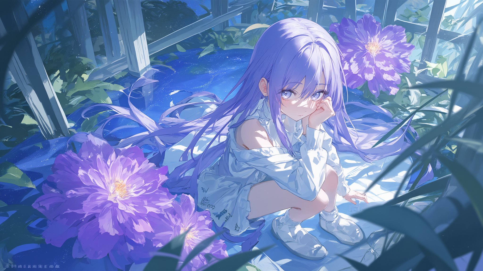 A whimsical portrait of a girl with mesmerizing grey eyes and striking purple hair, cascading down her back like a waterfall. She sits serenely, surrounded by lush greenery and the majestic purple flower, its petals unfolding like a celestial map. Her gaze meets the viewer's, a direct invitation to enter her mystical world. A delicate white jacket adorns her shoulders, contrasting with the vibrant hues around her. Long sleeves flow from her arms like gentle streams, as she cradles her hand above her knee, her very long hair spilling between her eyes like a curtain of mystery. Her feet are clad in pristine white shoes and socks, a testament to her connection to the star-studded universe above.