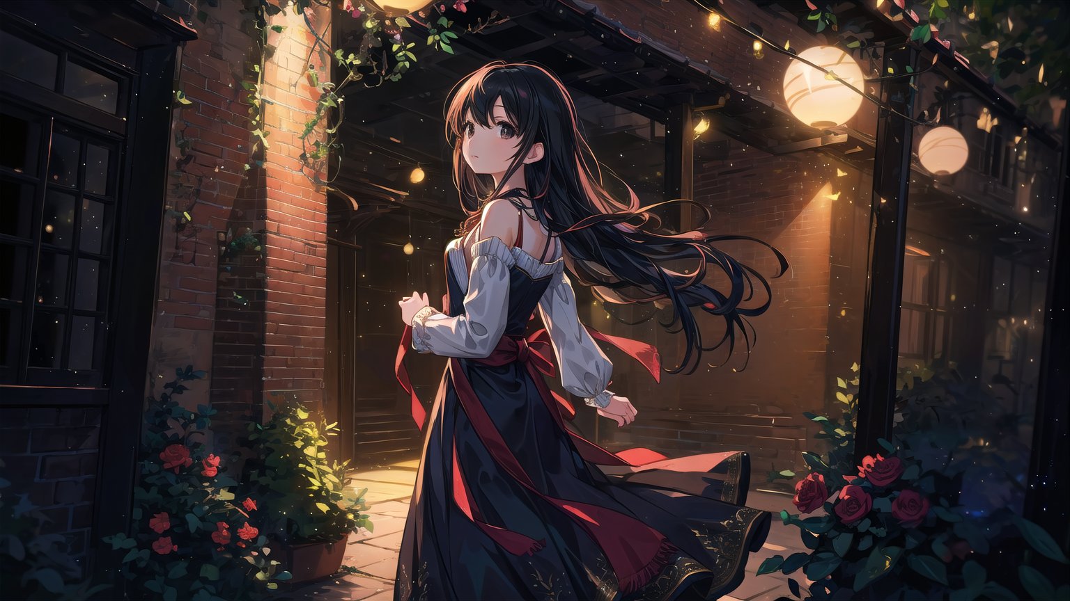 masterpiece, best quality, high quality, extremely detailed CG unity 8k wallpaper, extremely detailed, High Detail, vibrant, colors, backlight, simple background, brick wall background, ethereal lighting, dreamlike atmosphere, sparkling effects, red tune, 

(1girl, solo), long hair, looking at viewer, black hair, jewelry, necklace, black eyes, lips, magic, brick wall, glowing aura, fairy lights, full body, upper body,

A young girl standing in front of a brick wall, holding glowing string lights in her hands, dimly lit background, warm and mysterious atmosphere, calm expression, direct gaze at the camera, slightly pursed lips, wearing a black outfit with red floral embroidery, surrounded by soft glowing orbs, magical ambiance, gentle breeze moving hair and lights, serene and enchanting mood, starry sparkles in the background,